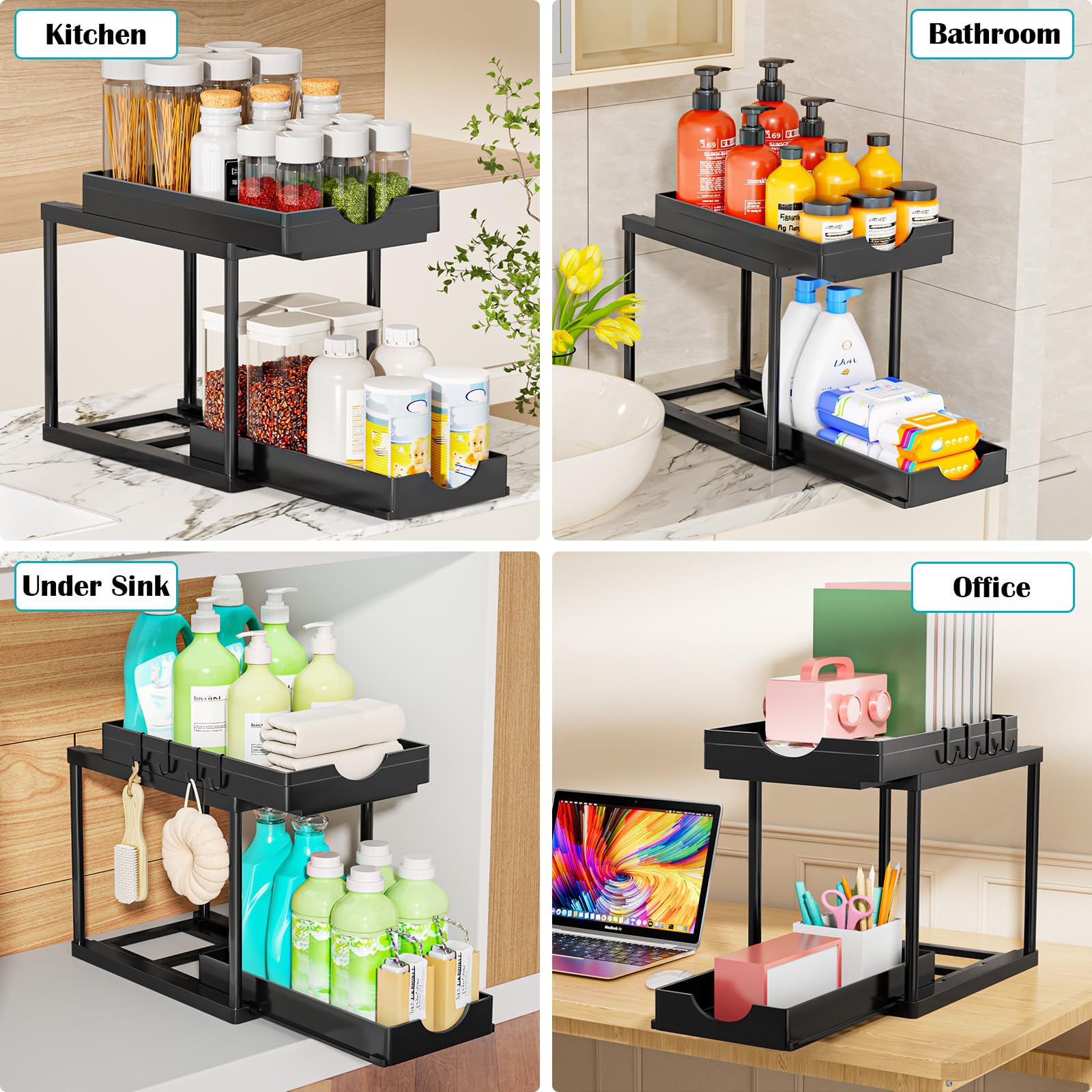 ARSTPEOE Organizer Sottolavello Cucina - Cassetto Estraibile, Scaffale Cucina a 2 Livelli, Mobile Sottolavello con Ganci, Organizer Cassetti, Nero, 1 Pezzi