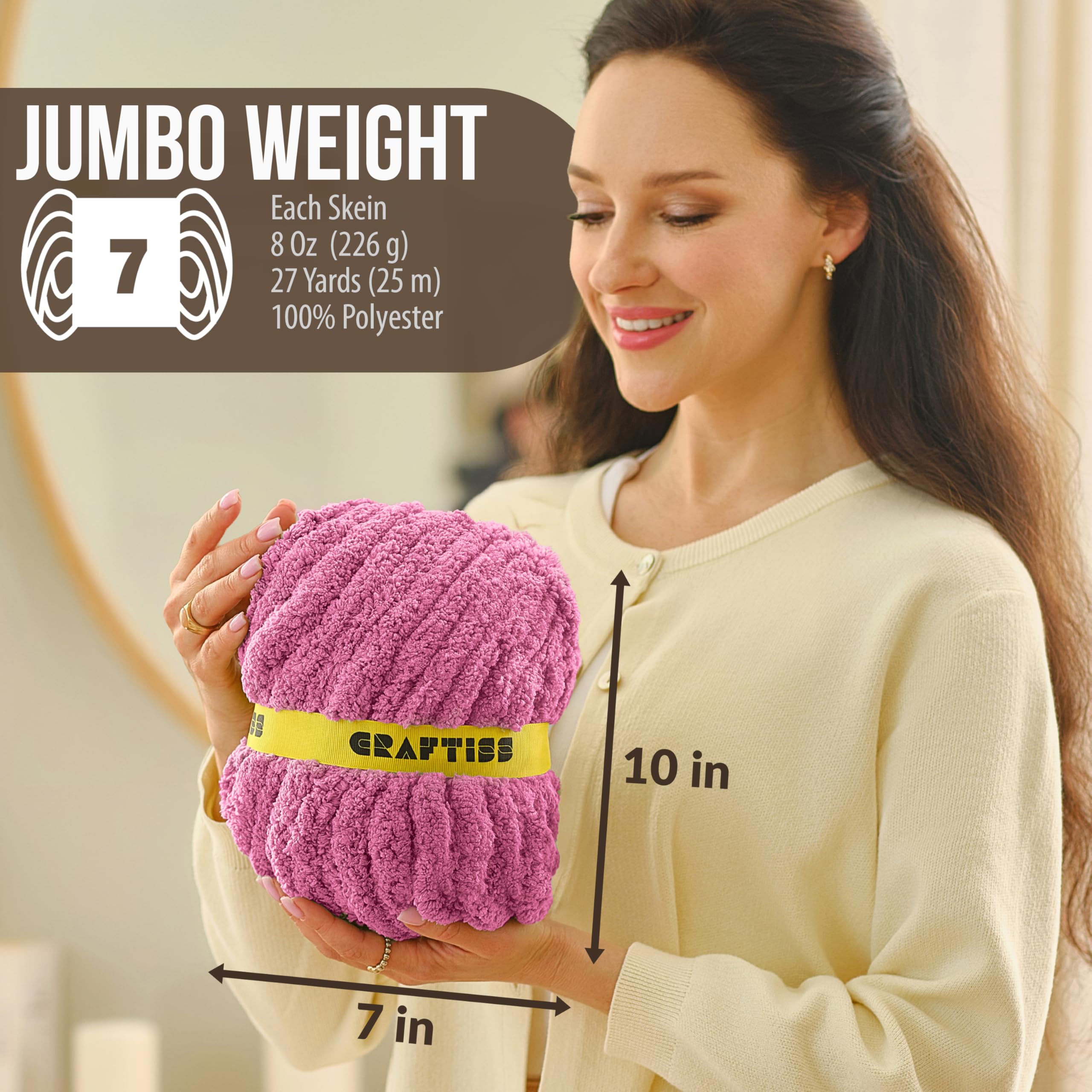 8 Rolls Muted Mauve Chenille Chunky Yarn for Crocheting - Jumbo #7 Weight (27 yds, 8 oz Each Skein), Bulky Thick Crochet Knit Blanket Chunky Yarn for Hand Knitting with Giant Hook and Needles