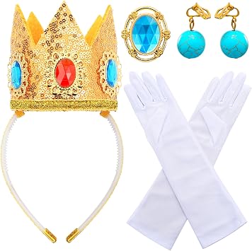 Princess Peach Crown for Kids Girls,Princess Peach Crown Accessories Kit with Gloves Brooch Earrings for Halloween Birthday Party Dress Up