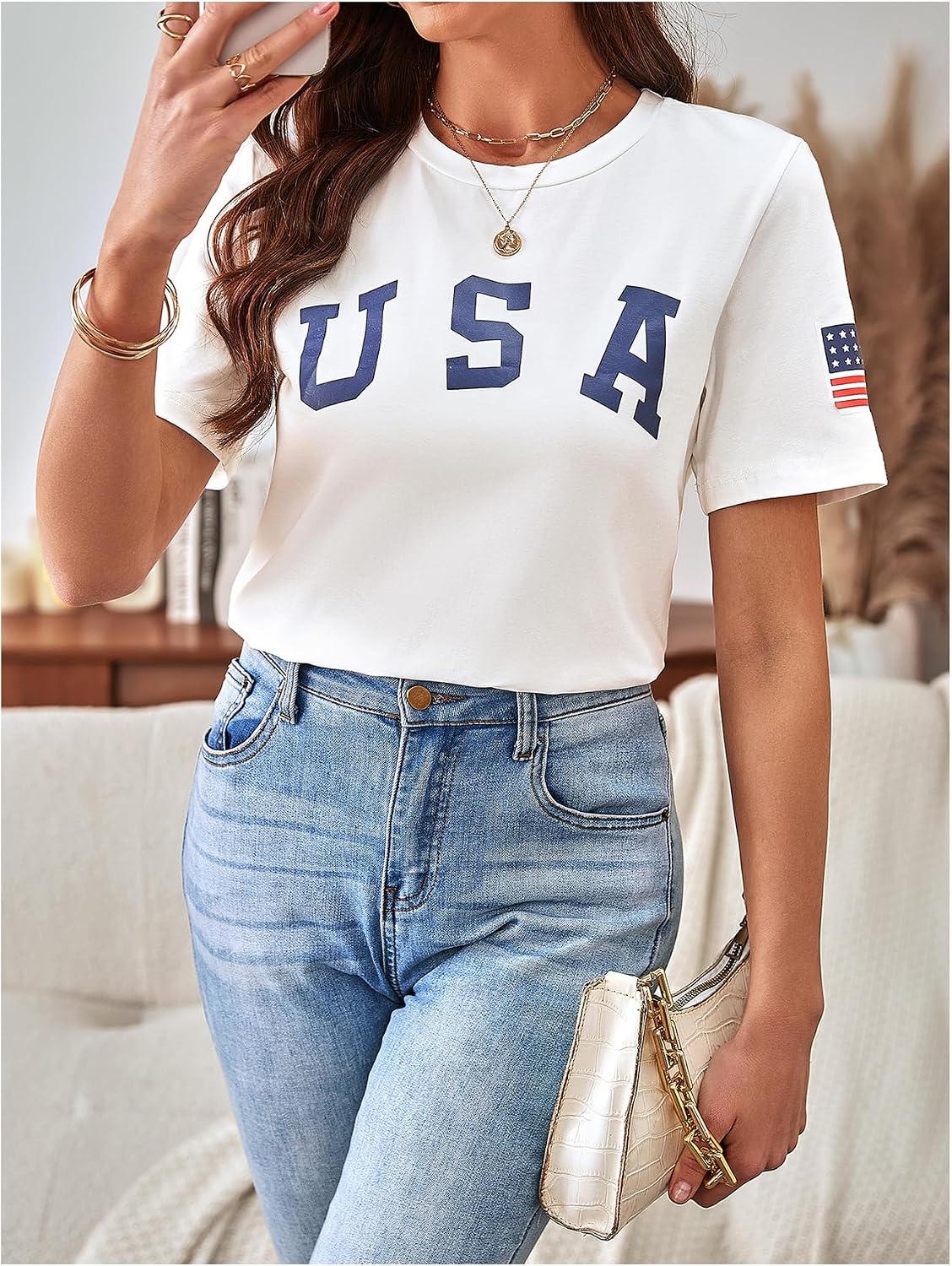 SweatyRocks Women's Graphic T Shirts Letter Print Flag Short Sleeve Casual Crop Tops
