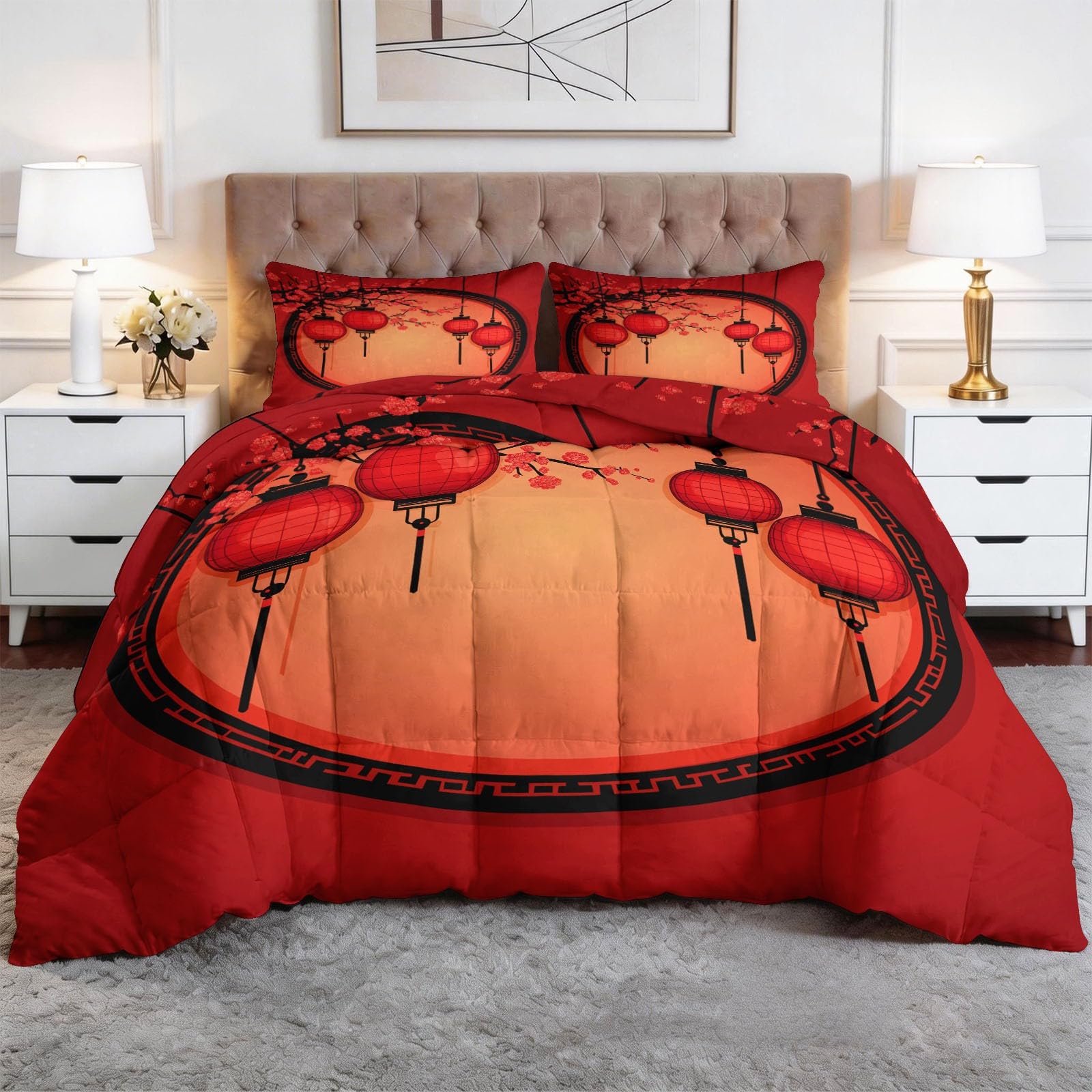 CozyRest Piumone Rosso per tutte le stagioni, 4 stagioni motivo Lanterna cinese - per chi soffre di allergie microfibra- 260x240 cm con 2 federa 50 x 80 cm