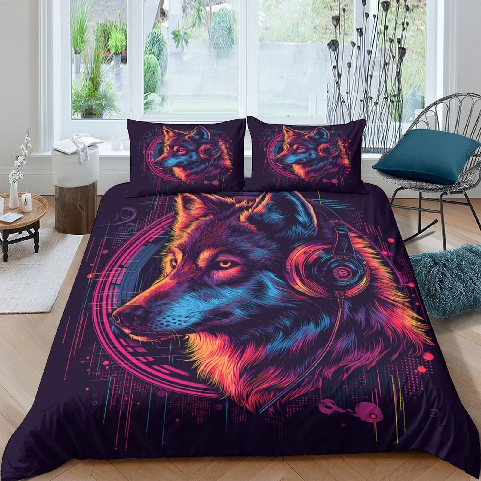 Ctjqhvkz Style-1 3D Printed Neon Wolf Fitted Sheet Microfiber Soft Breathable Psychedelic Animal Mattress Cover For Bedroom Decor Single（135X200cm）