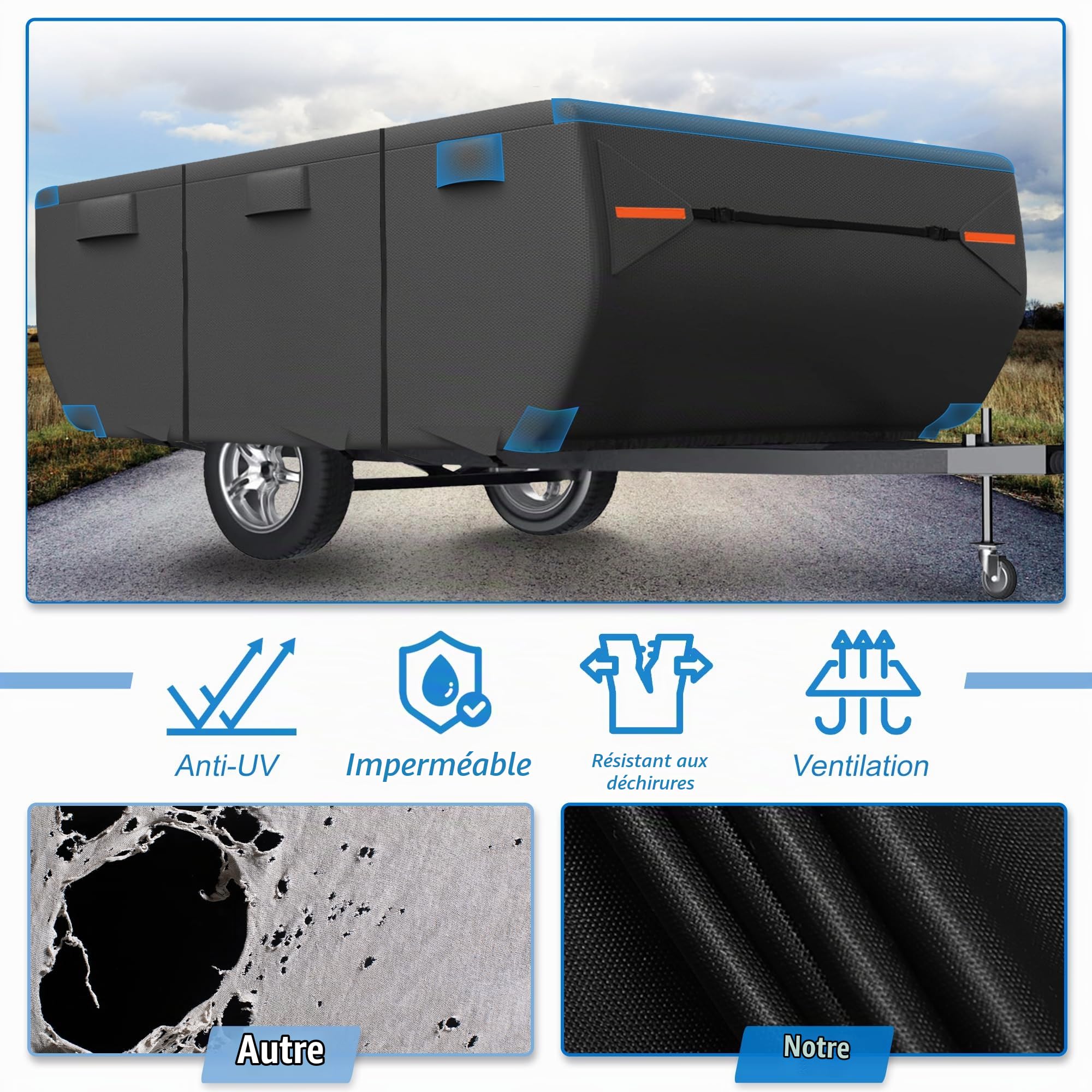 QUARKZMAN Housse Imperméable Pour Caravane Pliante 10-12Ft 1pc | Tissu Ox Pour Ford 210D Imperméable, Dimensions 400x218x109cm, Contenu: Housse, Sangles, Couvre-Gouttières, Patchs, Sacs