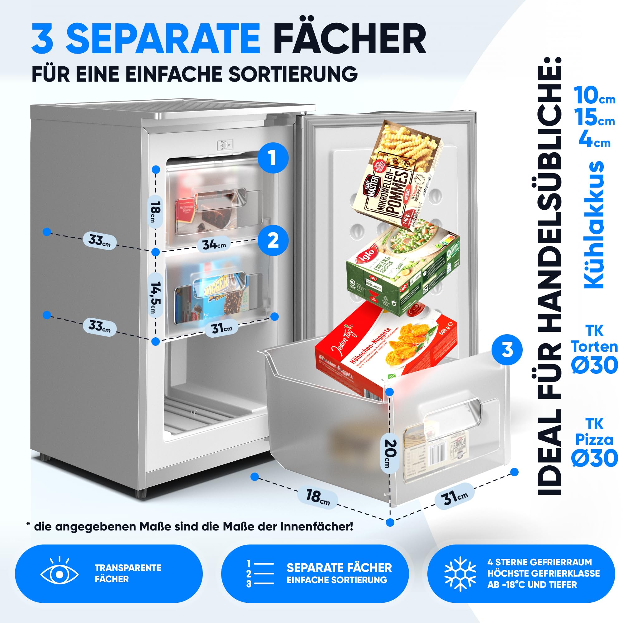Stillstern Gefrierschrank Klein 73L 4-Sterne-Gefrierfach -18°C Mini Freezer 3 Fächer stufenlos regelbare Temperatur Türanschlag rechts/links R600A Silber
