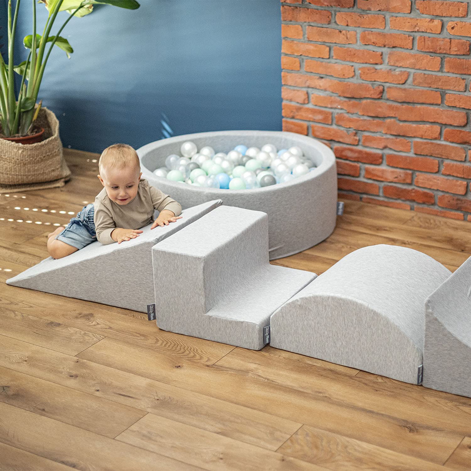 KiddyMoon Parque Infantil De Espuma con Rodondo Piscina De Bolas (200 Bolas) para Niños, Gris Claro:Perla/Gris/Transparente/Azul Clr/Menta