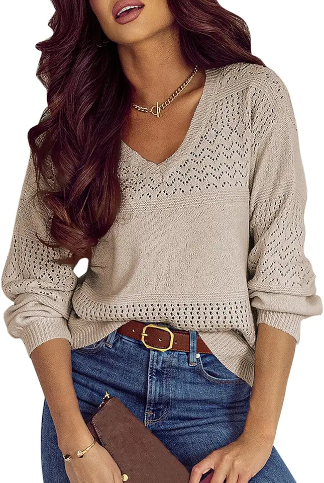 SHEWIN Women's Sweaters Casual Long Sleeve V Neck Lightweight Crochet Pullover Sweater Tops