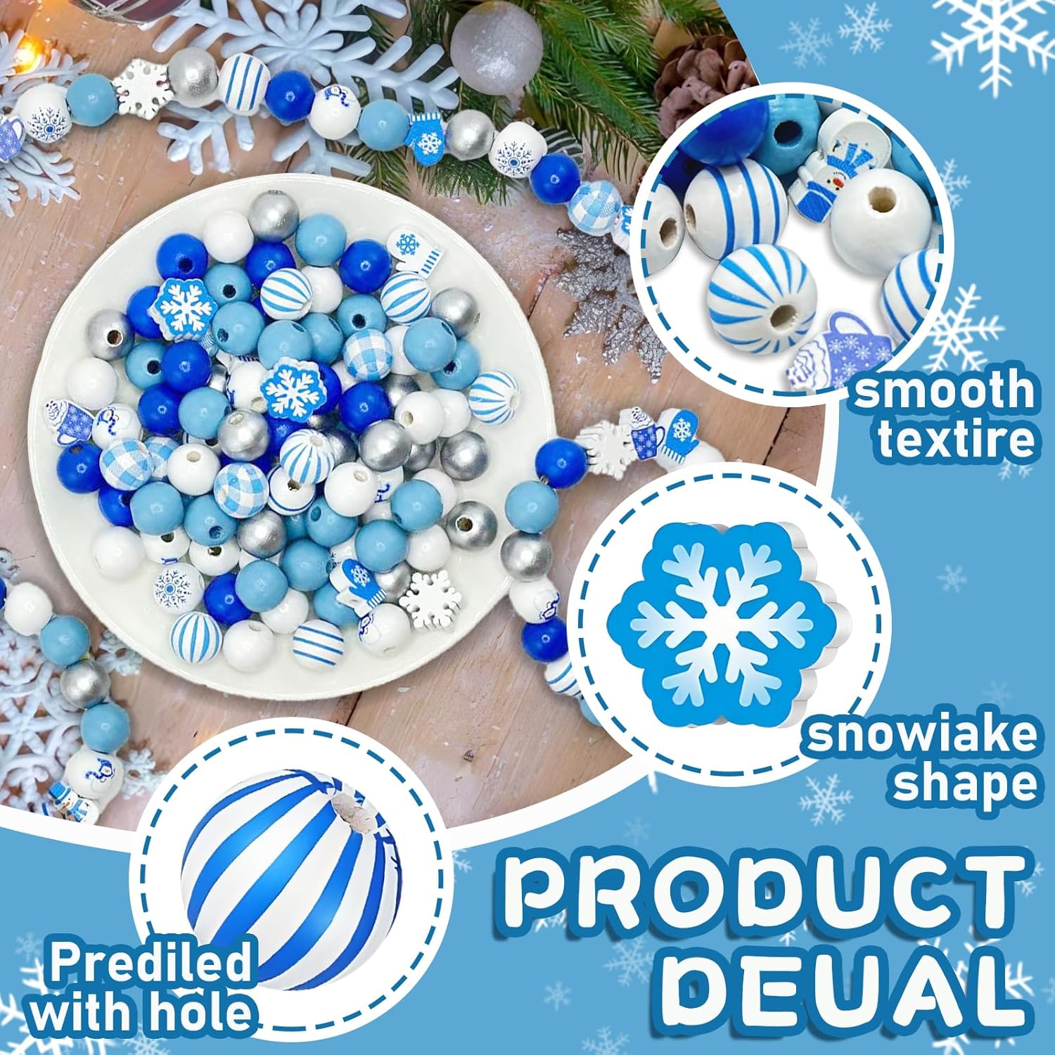 240Pcs Winter Wooden Beads for Crafts 16mm 20 mm Christmas Wood Beads Snowflake Snowman Round Blue White Bead for Jewelry Making Bracelet Necklace Keychain Garland Christmas Tree Office Home Decor - Image 3