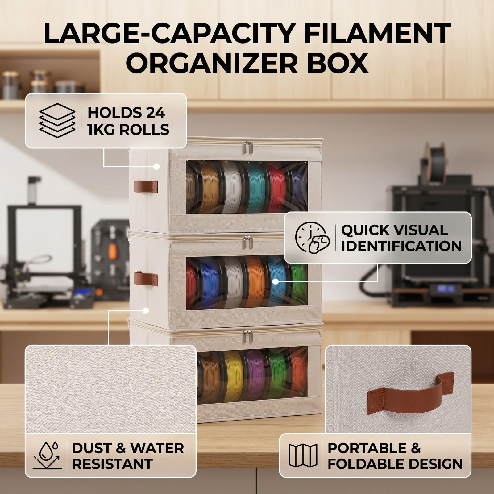Fafeicy Caja de Almacenamiento de Filamentos, Organizador de Carretes de Impresora 3D de 24 Rollos de 1 Kg con Panel Frontal Transparente de Tela Oxford, para Suministros de Impresión 3D