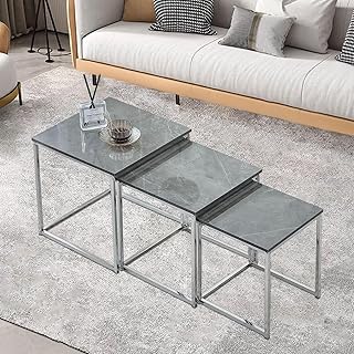 Marble Nest of Tables Set of 3,Grey Gloss Nesting Tables,Sofa End Side Coffee Table for Small Space Living Room Bedroom