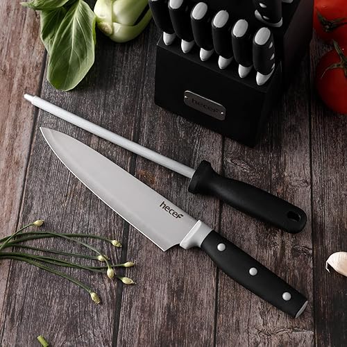 Miniatura 4 de hecef Juego de cuchillos de cocina, juego de cuchillos de 14 piezas con bloque de madera y afilador de acero y tijeras multiusos, juego de cubiertos