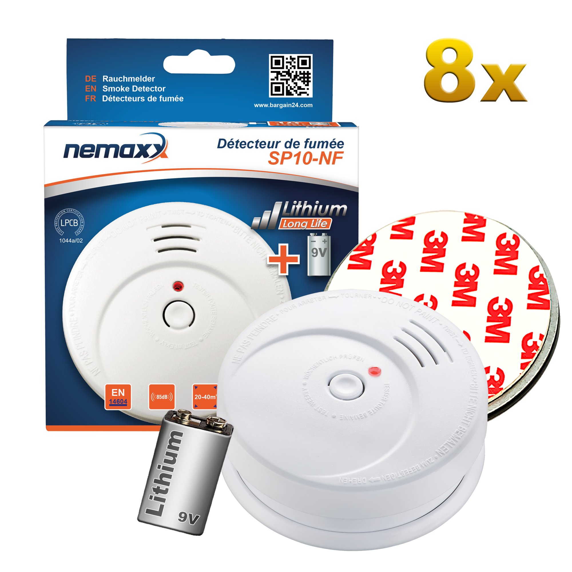 Nemaxx 6899 SP10-NF-8 rilevatori di Fumo di Alta qualità con Tecnologia fotoelettrica sensibile a Norma DIN EN 14604 con Certificato NF + 8 Supporti magnetici, 8er-Paket, Set di 8 Pezzi