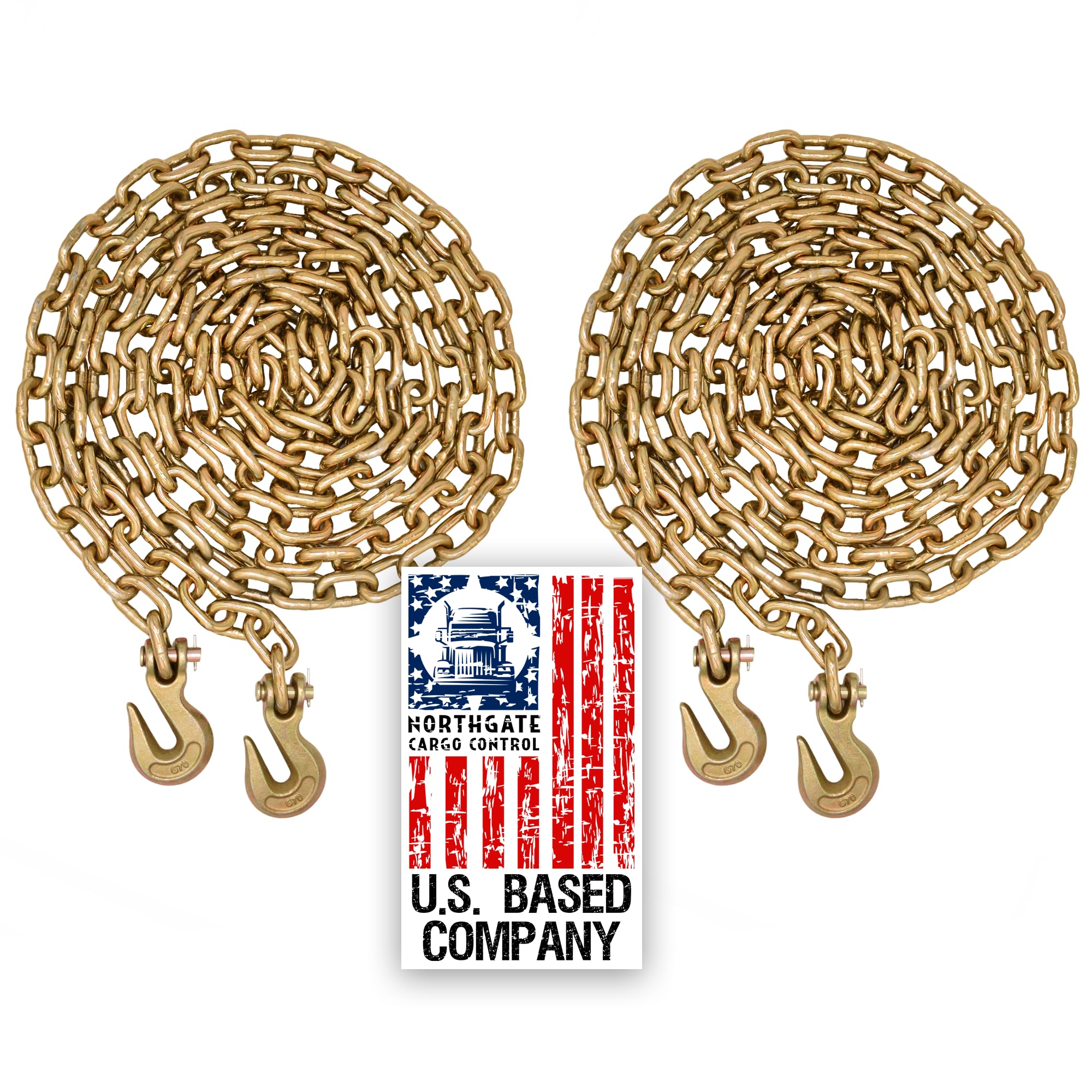 Transport Chain - 5/16" x 20 ft, Grade 70 with Clevis Grab Hooks - 4,700 lbs WLL - Two Chains. (Northgate Cargo Control)