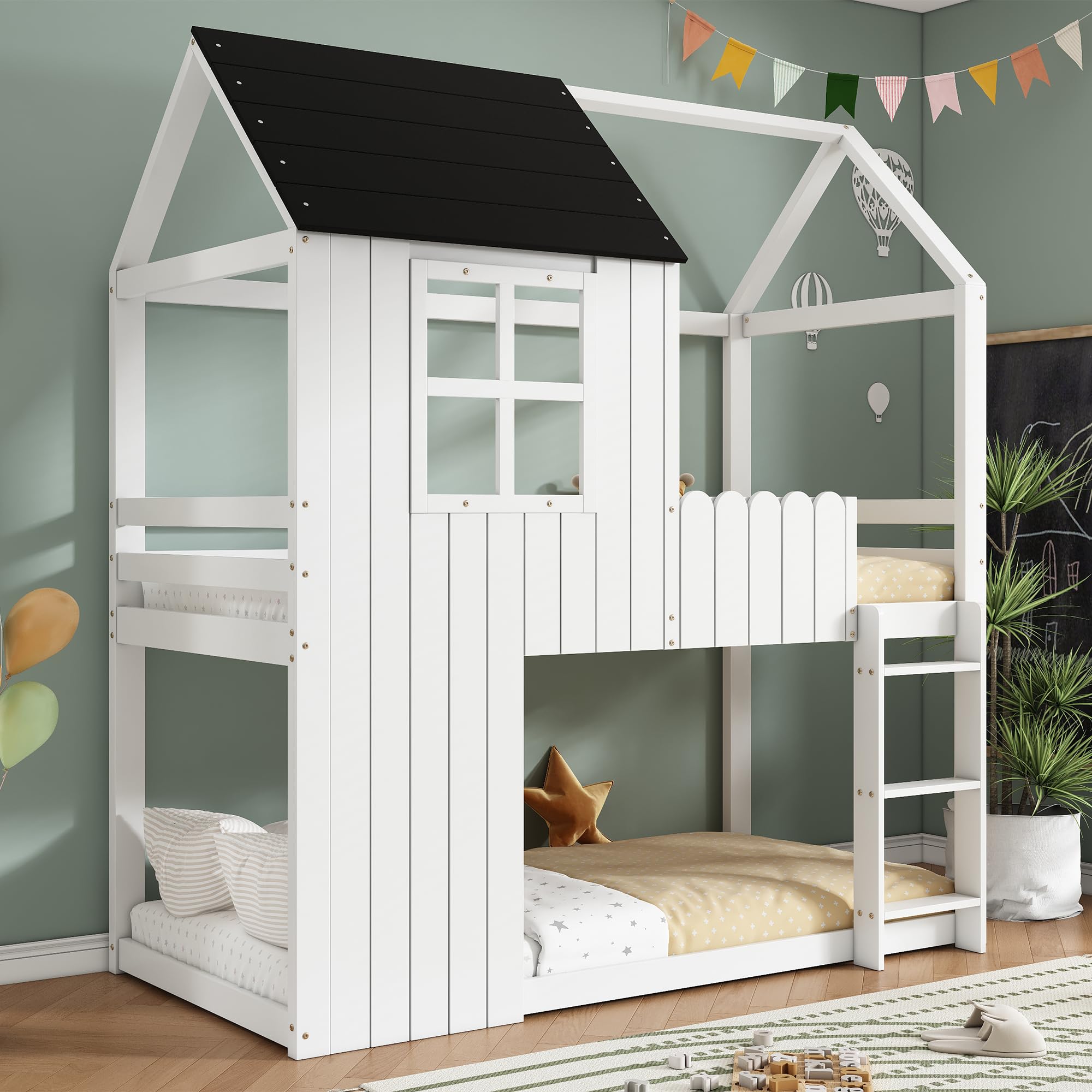 Lit Mezzanine 90x200 avec Couchage en Hauteur Lit Une Place pour Utilisation Régulière Bed avec Support à Lattes Réparti avec Barrière de Sécurité avec Échelle sans Matelas Appartement