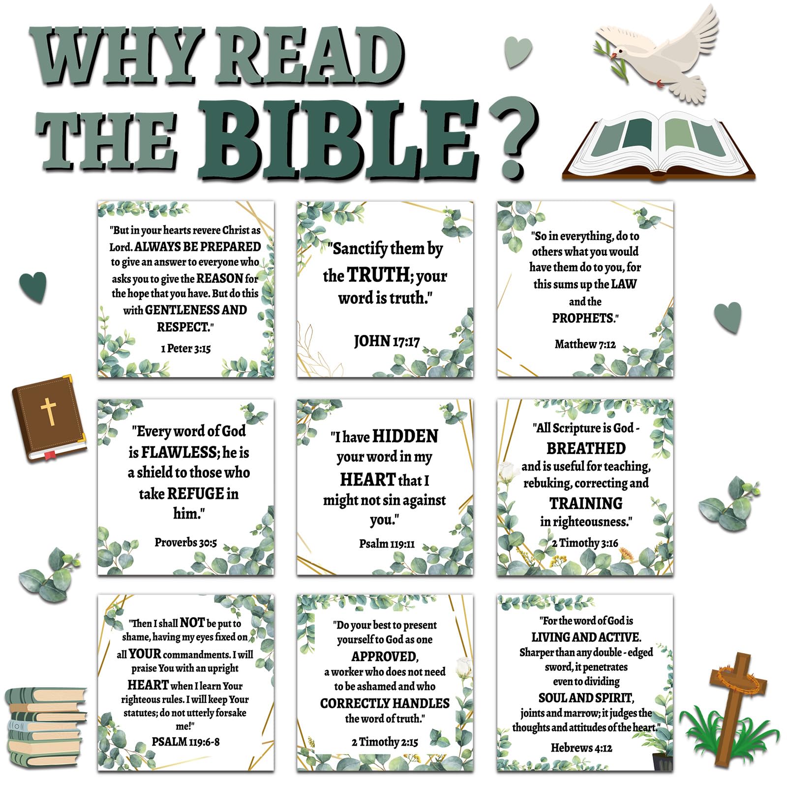 Christian Bulletin Board Set Reasons to Read Bible Religious Jesus Themed Classroom Decor with Border Strips Motivational Cards Classroom Sunday School Wall Decor Bulletin Board Supplies(Eucalyptus)
