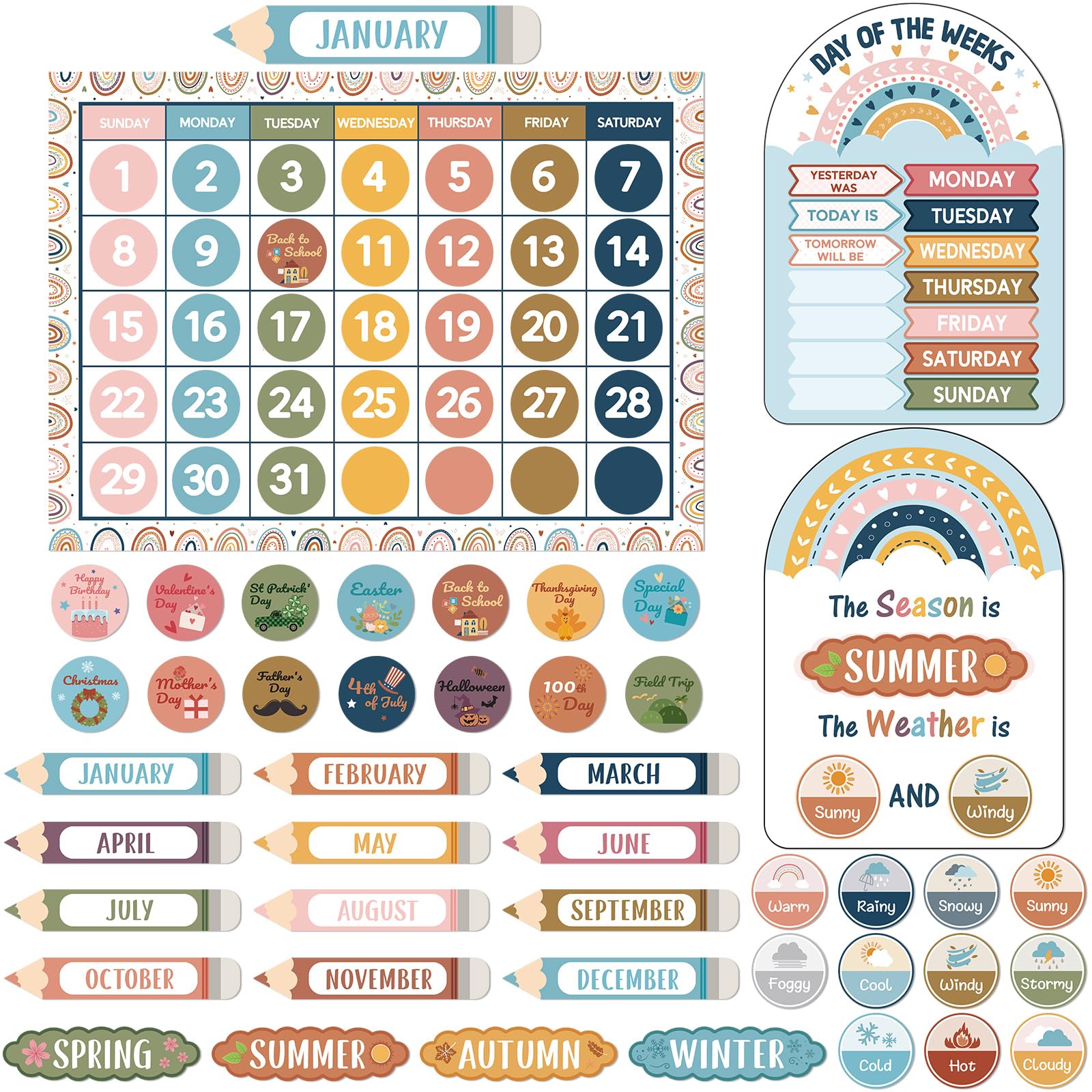 amazon-com-tenare-classroom-calendar-bulletin-board-set-calendar-seasons-weather-chart-bulletin-board-and-rainbow-classroom-display-with-stickers-for-elementary-classroom-bedroom-wall-decoration-office-products