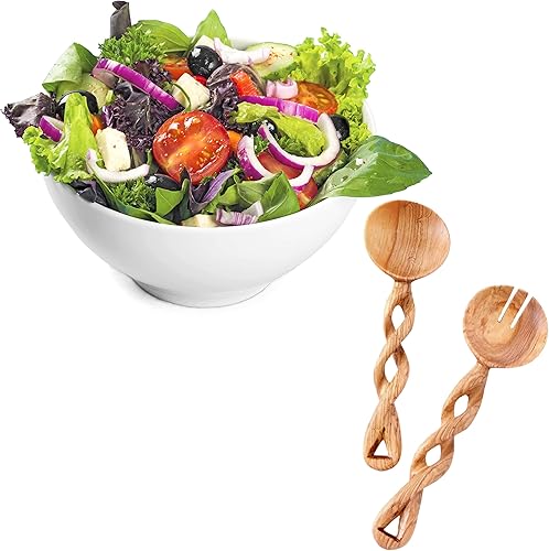 Miniatura 4 de Juego de utensilios de cocina de madera de olivo keniano tallada a mano con asas trenzadas y diseño de ensalada