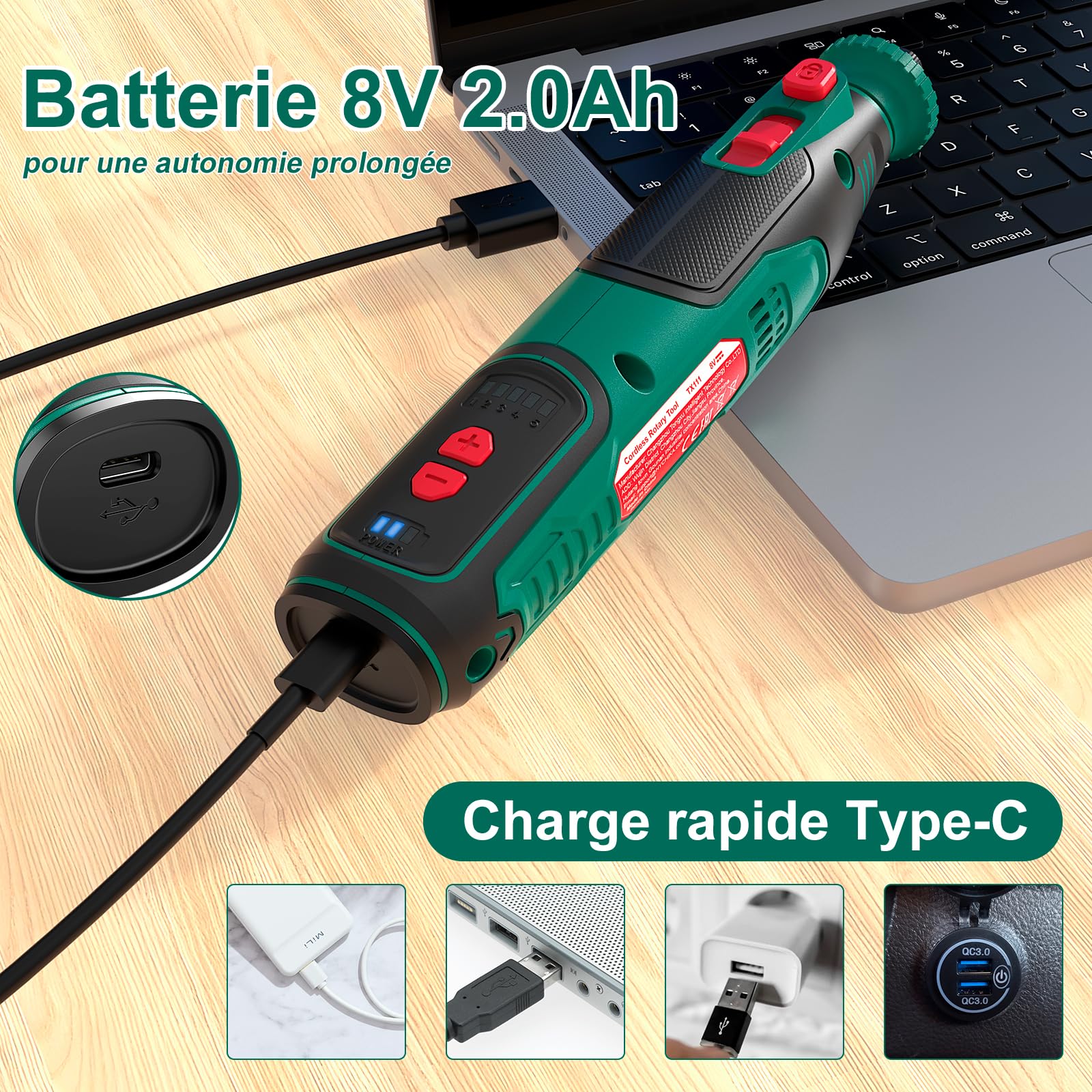 HYCHIKA Outil rotatif sans fil 8V 2,0Ah batterie, 5 vitesses max 30000 tr/min. Kit 145 accessoires avec affûteuse pour tronçonneuse et lampe LED. Pour ponçage, polissage, coupe, perçage, gravure DIY
