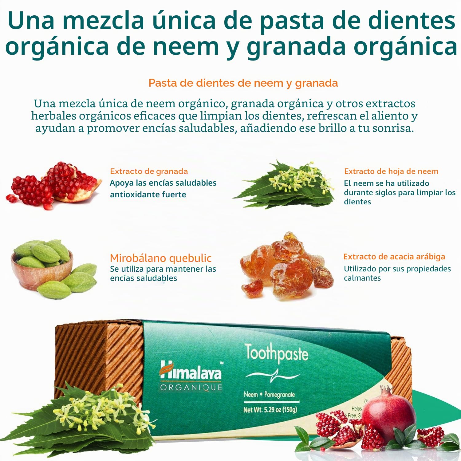 Himalaya Organique by Himalaya Neem and Pomegranate, Pasta de Dientes de Neem y Granada, Natural, Sin Fluoruro, Sacarina y SLS, 150g (Paquete de 5)