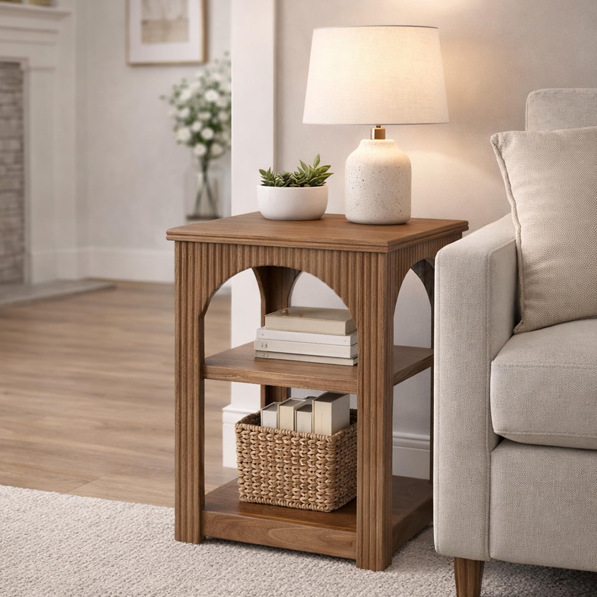Geelong Side Table Wooden End Table with 2 Shelves | Arch Detail & Ribbed Design | Brown Boho Style Accent Table for Living Room, Bedroom & Home Décor-image-22
