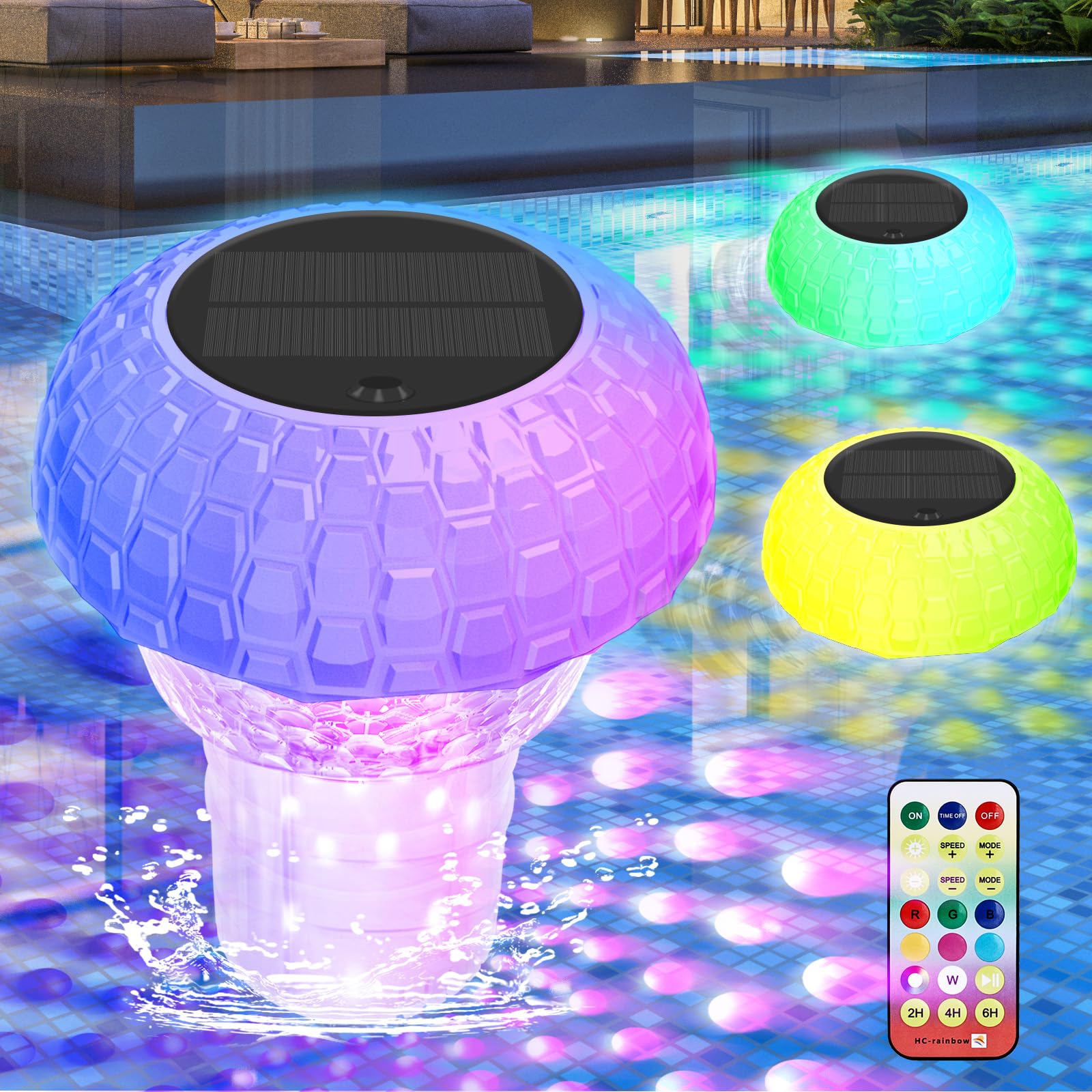 Distributeur de Chlore Flottant avec Lumière Solaire LED, Diffuseur Chlore Piscine avec Contrôle par Bouton Flotteur, Télécommande, Libération Réglable & Ouverture，Flotteur Piscine Chlore