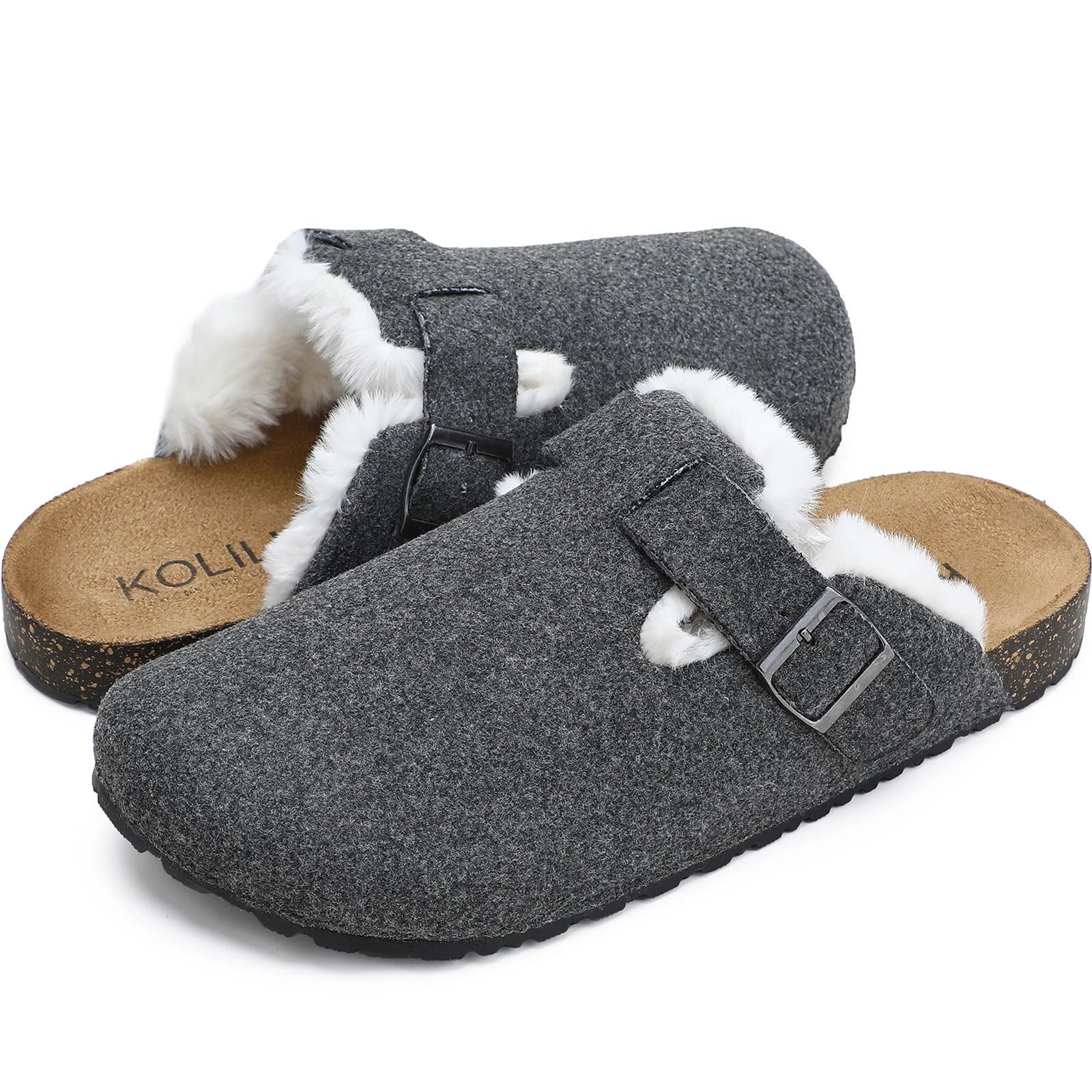 Zuecos de Corcho for Mujer, Pantuflas cálidas peludas for Interior y Exterior, Mules y Zuecos cómodos con Fieltro con Hebilla(GREYCORK,10-11)