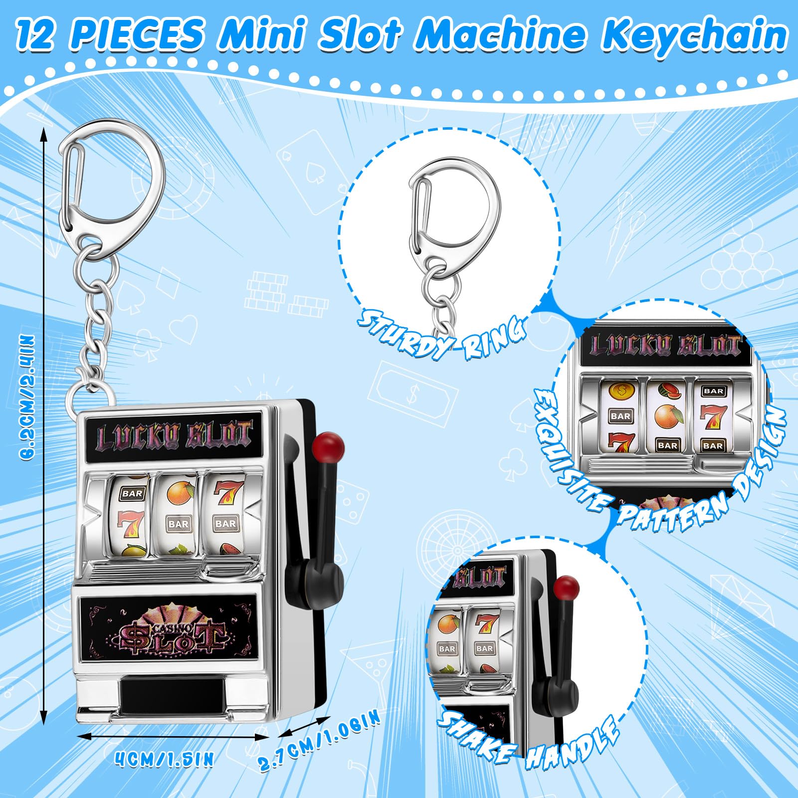 Panelee Slot Machine Keychain Las Vegas Keychains Mini Casino Kawaii Decoration for Las Vegas Carnival Party Gifts(Red, Gold, Blue, Silver,12 Pcs)