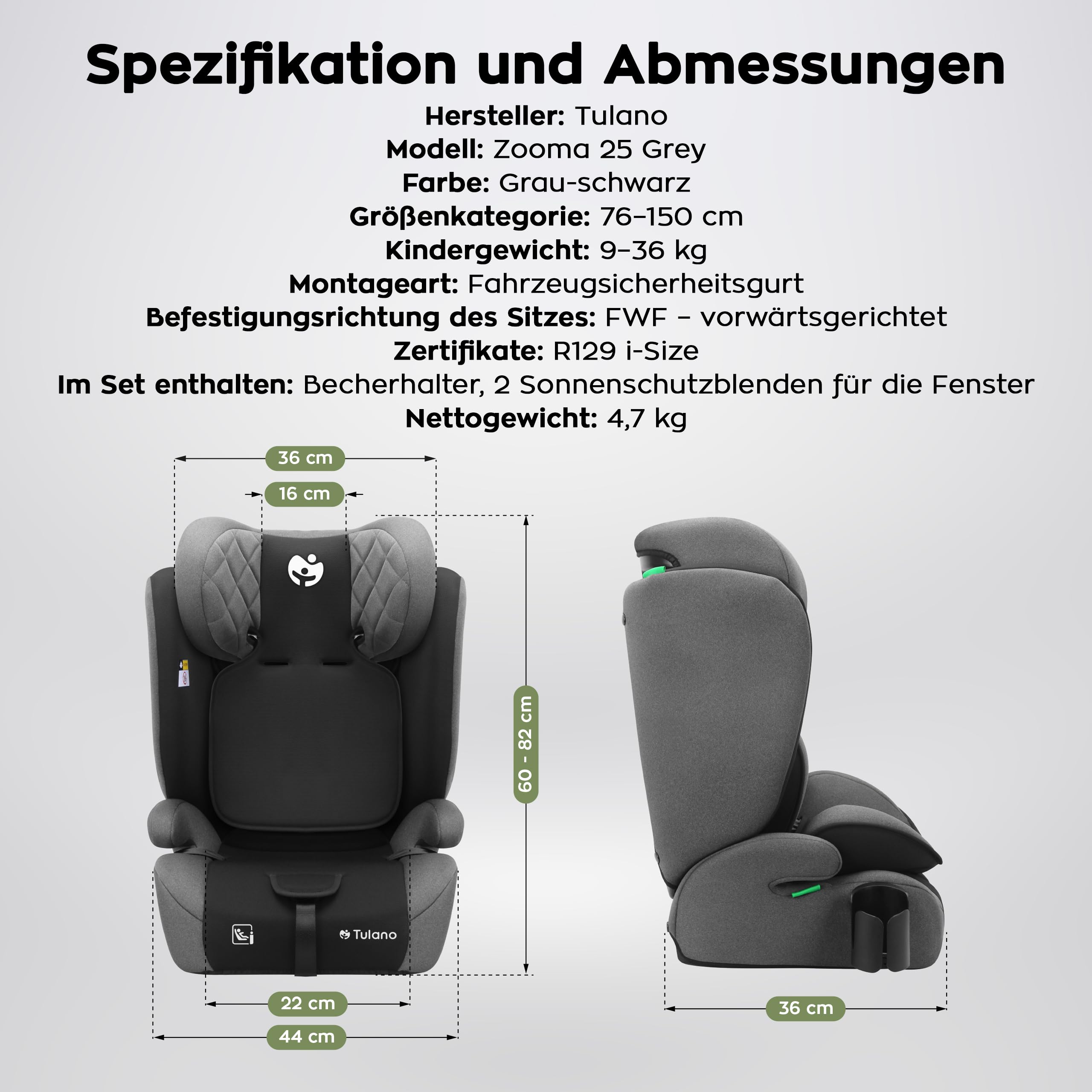 Tulano Zooma 25 Kindersitz 15-36 kg, Autositz für Kinder 76-150 cm, Grau | ohne ISOFIX - ergonomisch mit verstellbarem - Kopfteil und waschbarem Bezug - komfortable Polsterung für sicheres Reisen