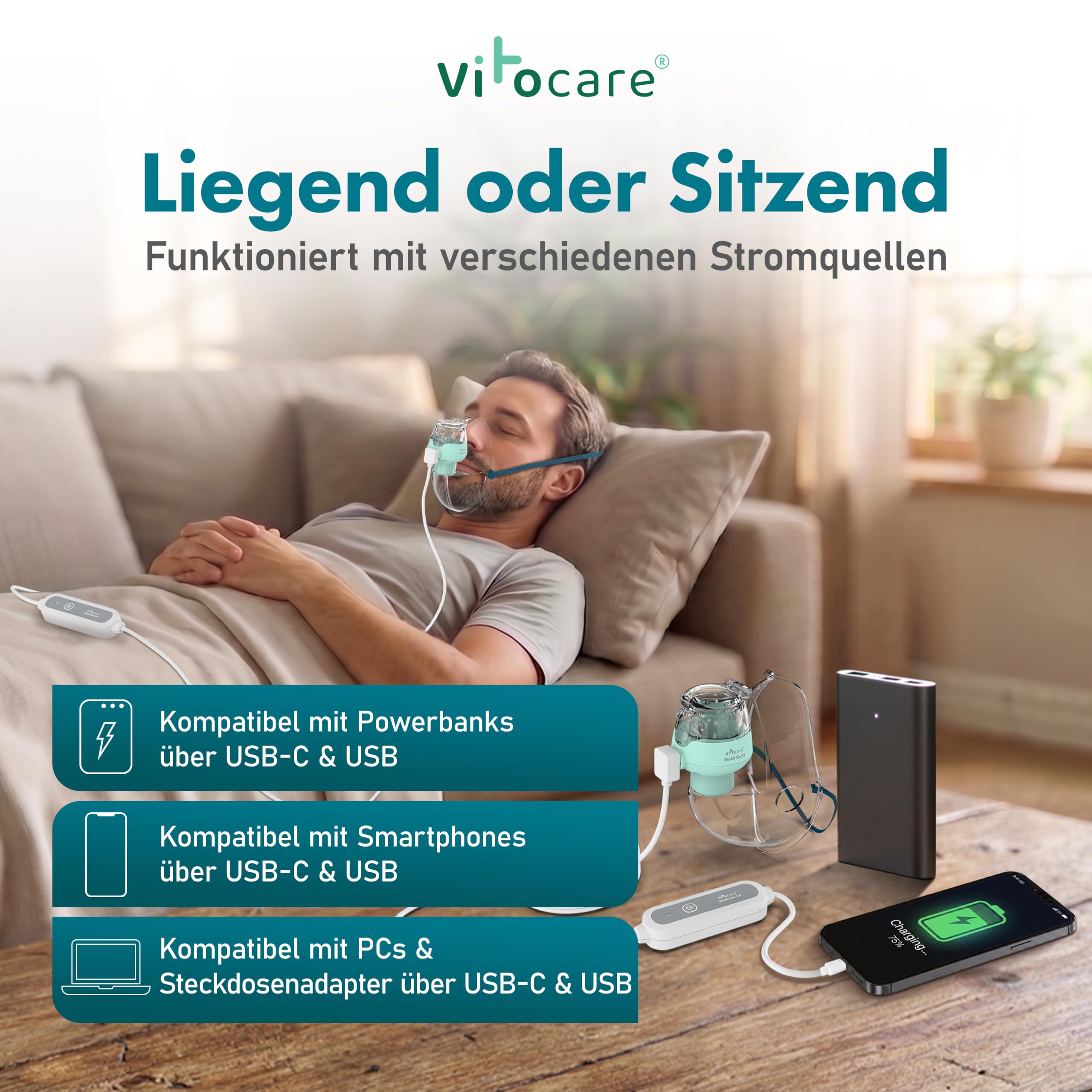 Inhalationsgerät Erwachsene & Kinder – vitocare VITOAIR Go 2.0 unltraleiser Inhalator mit 2 Masken-Größen, USB-C & USB, tragbares Inhaliergerät | Ultraleiser Betrieb, nur 19 g leicht 8 ml Behälterkapazität, sitzend oder liegend nutzbar, Reisebox inklusive