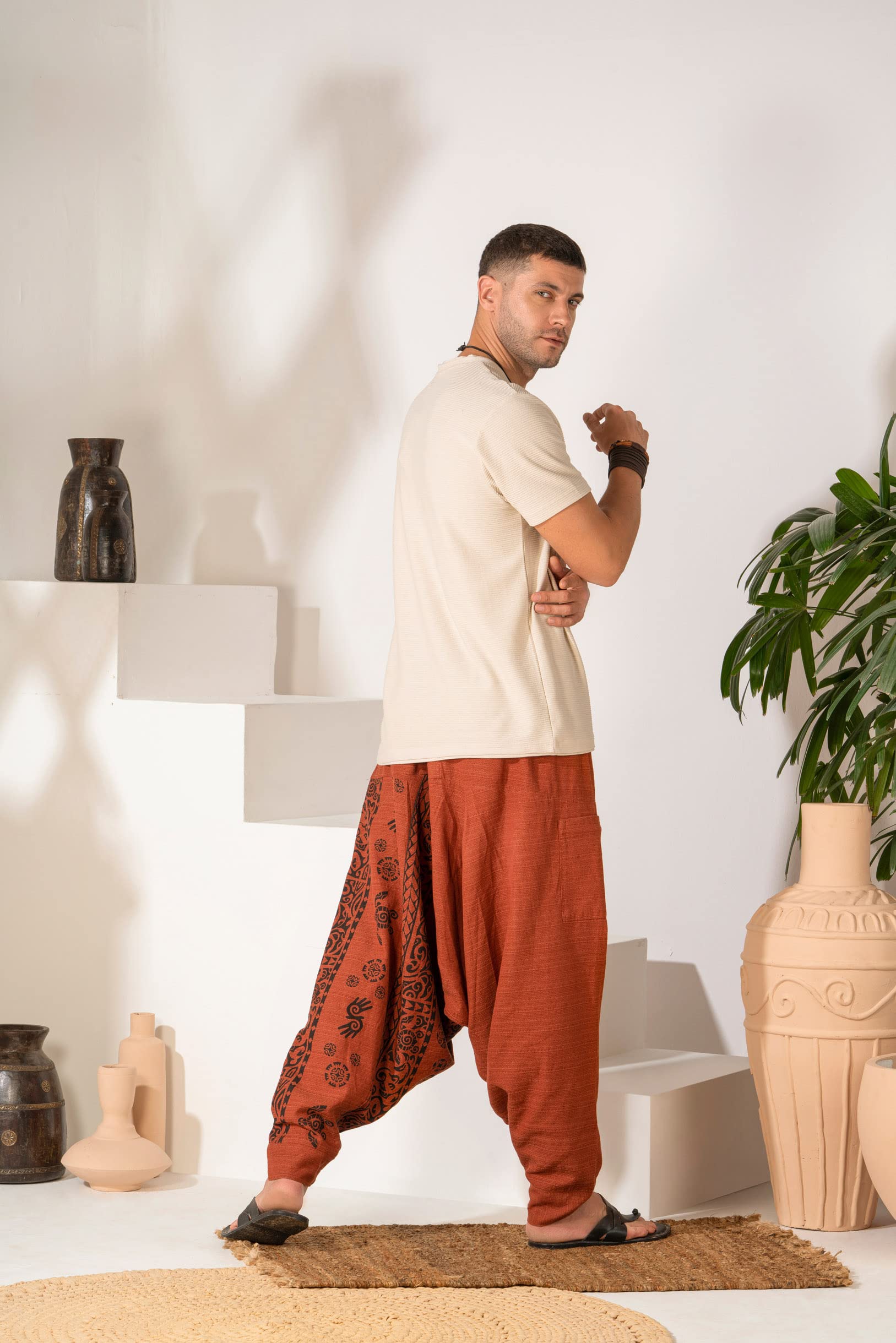The Veshti Company Hippie Harem Pants for Men's Drop Crotch Tapestry Baggy Boho Printed Yoga Pajama Pant, Orange - Sacred Spirits, M 4