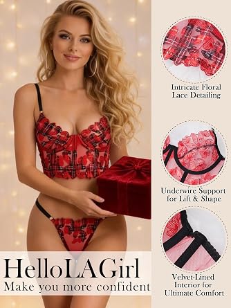 HELLOLAGIRL Women Sexy Lingerie Set Champagne Floral Sexy Sheer Embroidered Lingerie Set