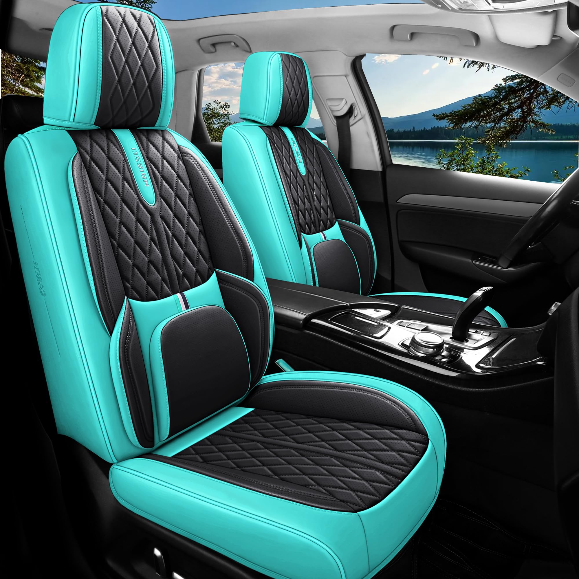 comfortable leather auto car seat covers front & rear seat protector fit sedan suv 5 seats full set universal fit (black & green)