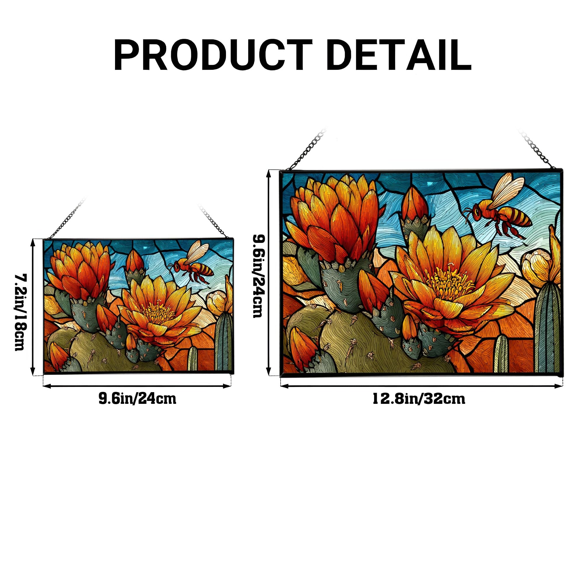Bee Flying – Desert Cactus Bloom Animal Stained Glass Suncatcher – Rectangular Hanging Window Panel with Artistic Nature Background – Wildlife Glass Art Gift for Animal and Nature Lovers YuwWEx