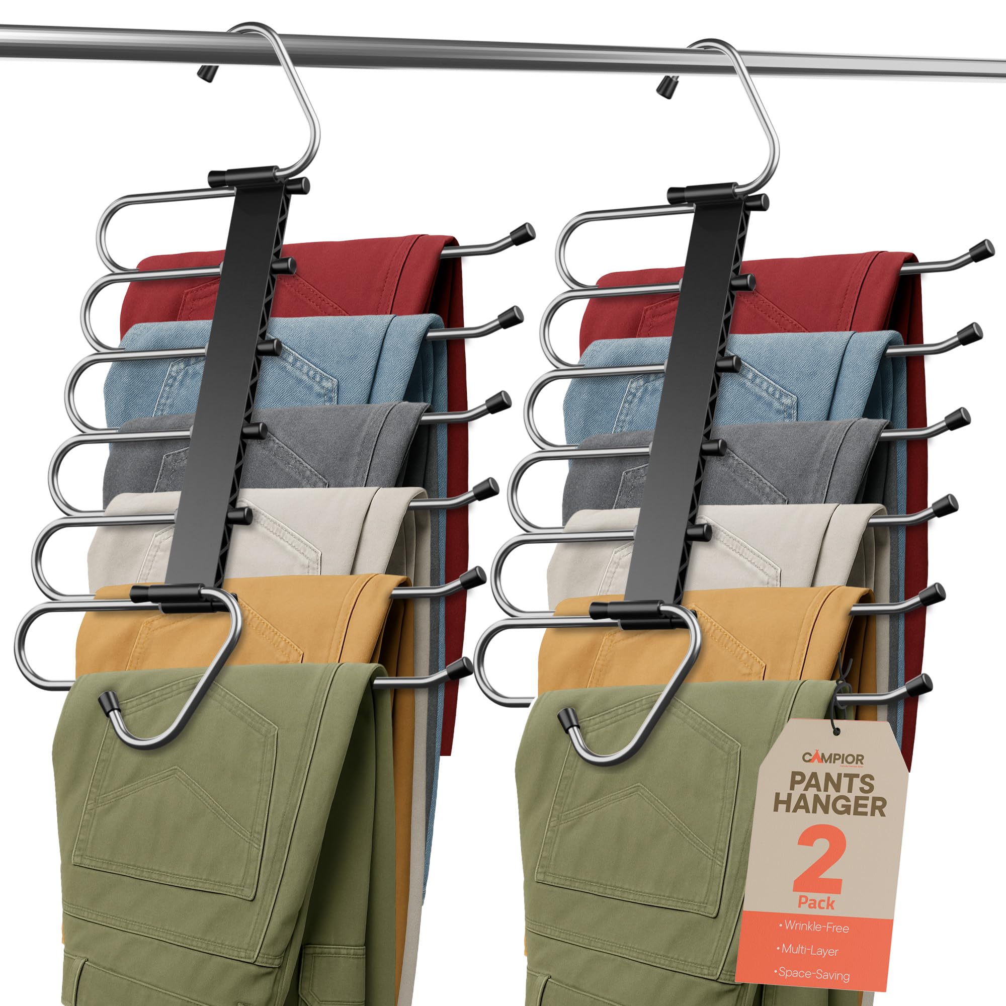 Photo 1 of Black Space Saving Pants Hangers 2 Pack, 6 Layer Jeans Hangers and Closet Organizer for Jeans, Scarves, Skirts, Multi-Layer Hanger with Anti-Slip Coating & Stopper, Heavy-Duty S-Type Stainless Steel