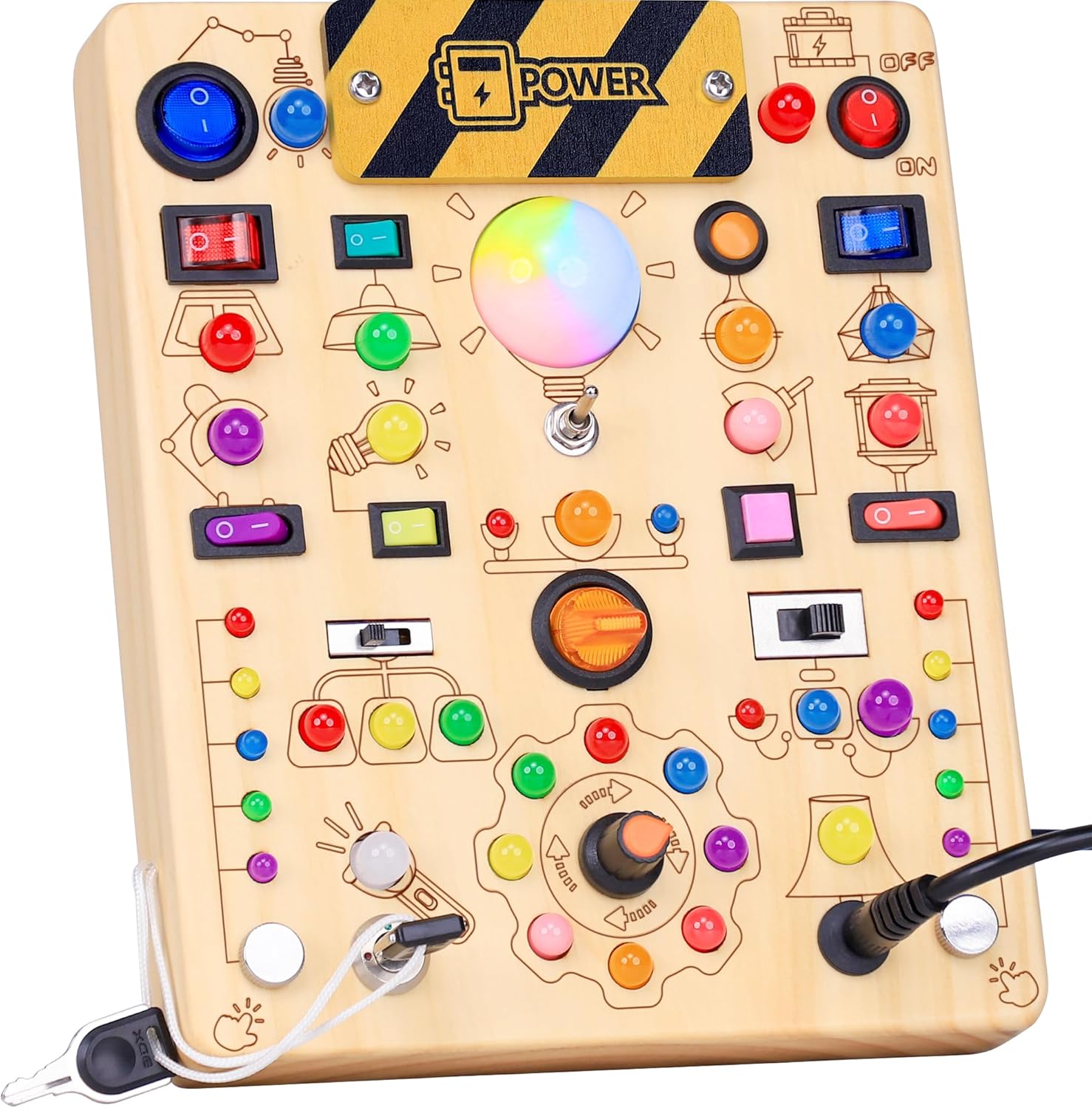 RichBoy Busy Board for 1-3 Year Old, 59 in 1 LED Light Up Wooden Sensory Montessori Switch Board Toy for Toddlers Travel Gift (7.8" x 6.5")