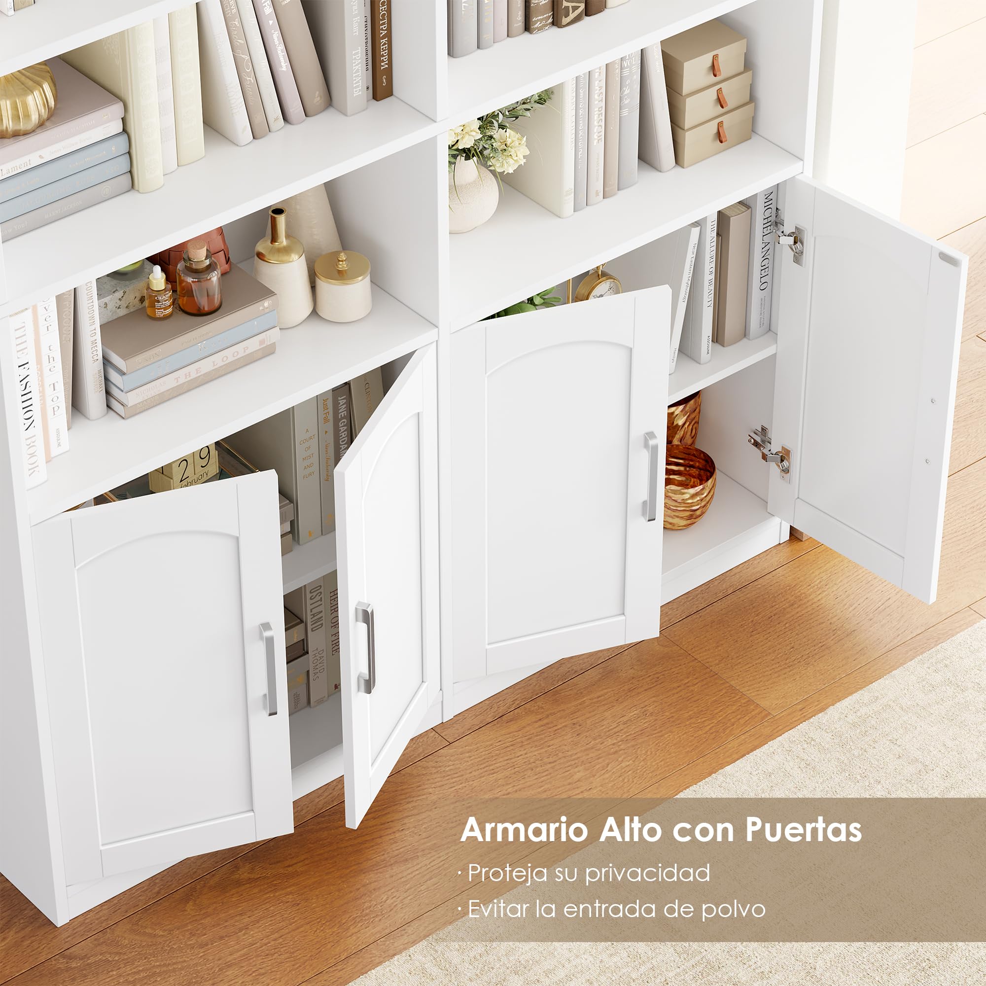FirFurd 186cm Estantería Libros de 8 Compartimientos con 4 Puertas Blanco | Librería Salón, Estanterías Almacenaje de Pie para Oficina Salón Almacenamiento y Exhibición 115An.x27F.x186Al.cm