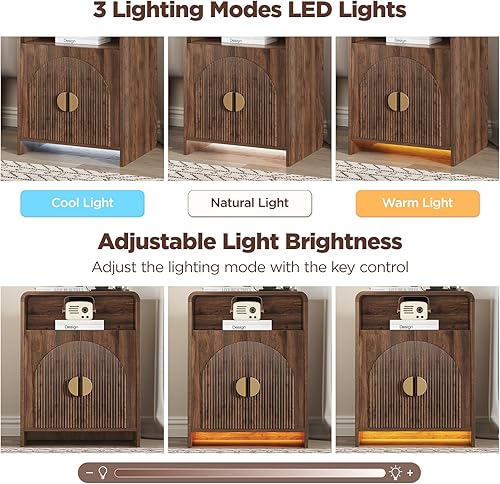 Miniatura 6 de Mesita de noche con estación de carga y luces LED, mesitas de noche con armario de almacenamiento ajustable, mesa auxiliar moderna con puertas