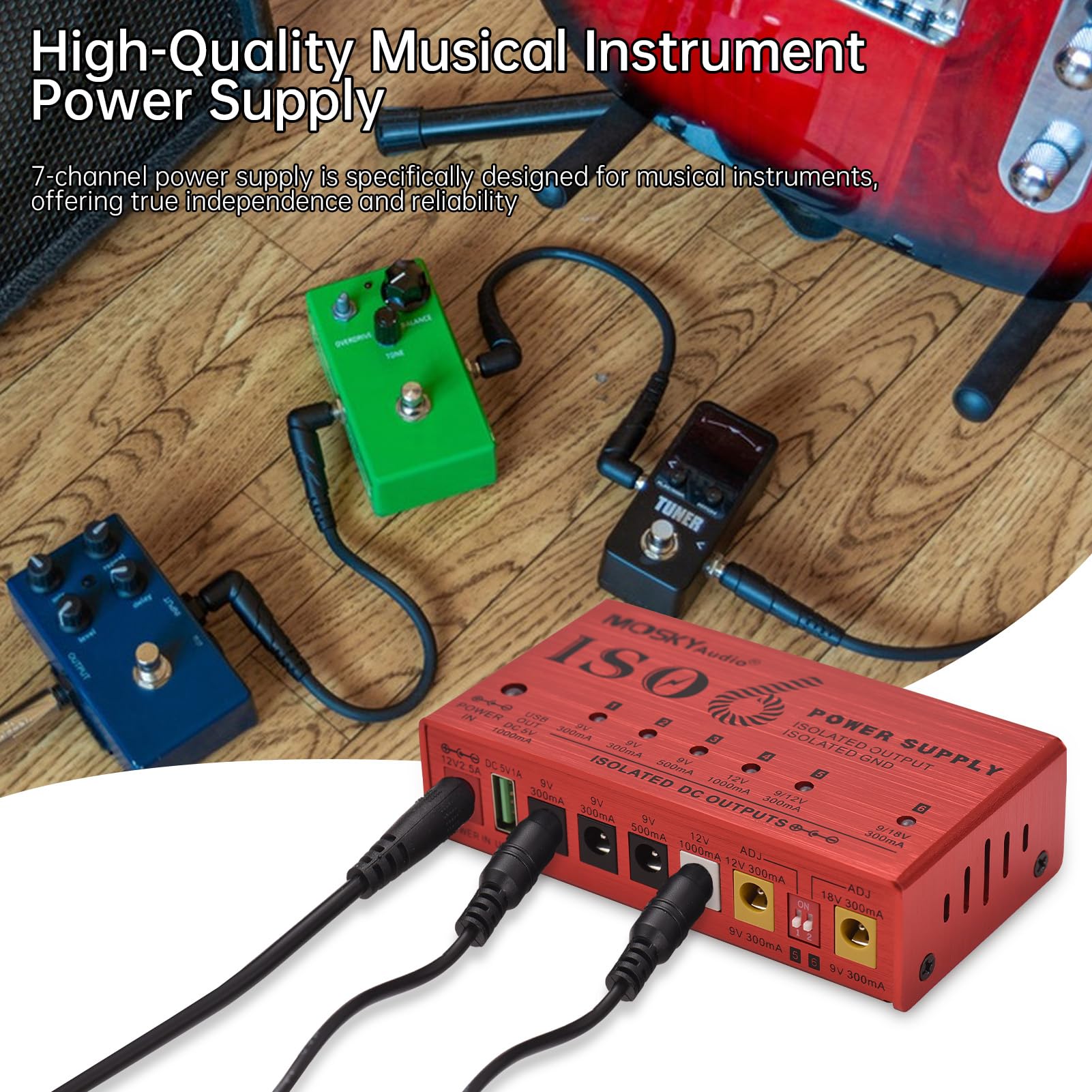 Alimentatore per Strumenti Musicali a 7 canali con Protezione da cortocircuito Indicatore di Alimentazione a LED 6 uscite CC e 1 Uscita USB per Pedale Effetto Chitarra Altri