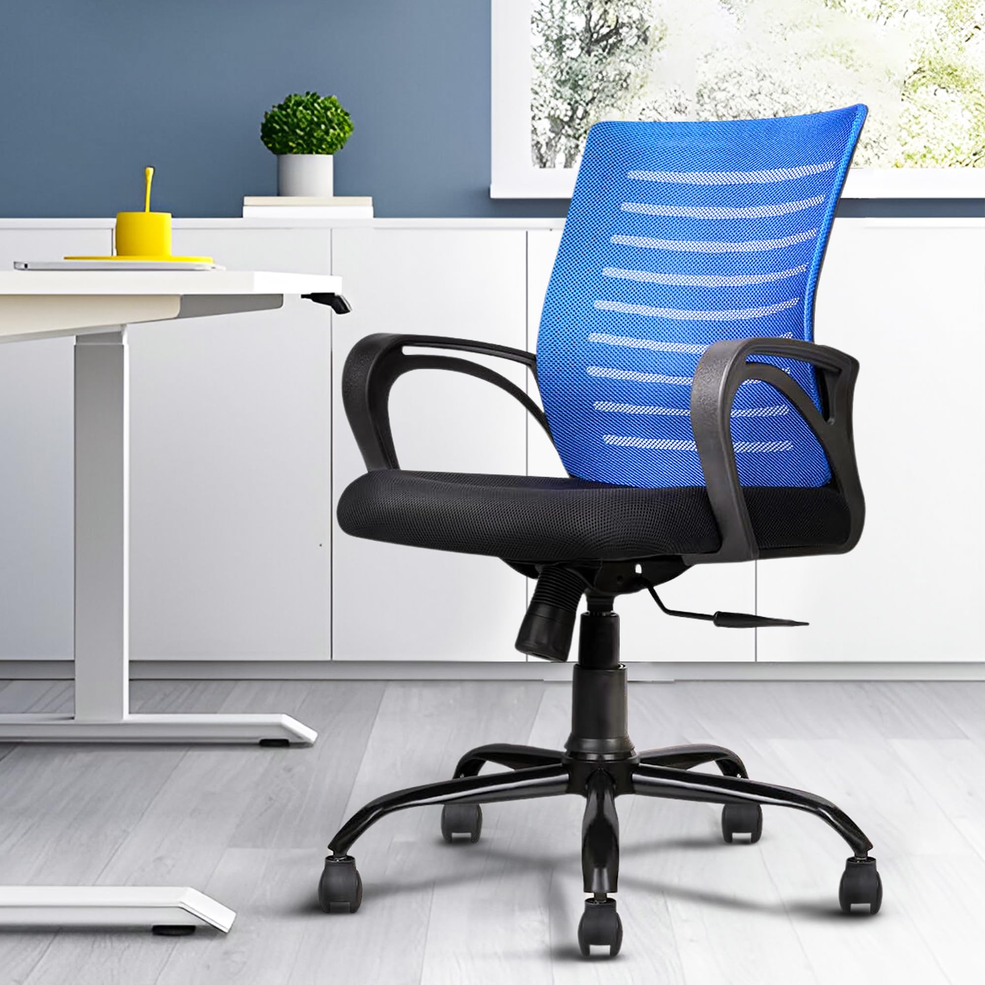 KOORSI & COMPANY. Aaram Mid Back Mesh Ergonomic Office Chair, Tilting and Height Adjustable Mechanism, 6 Months Limited Warranty, Revolving Chair for Home & Office (Blue)