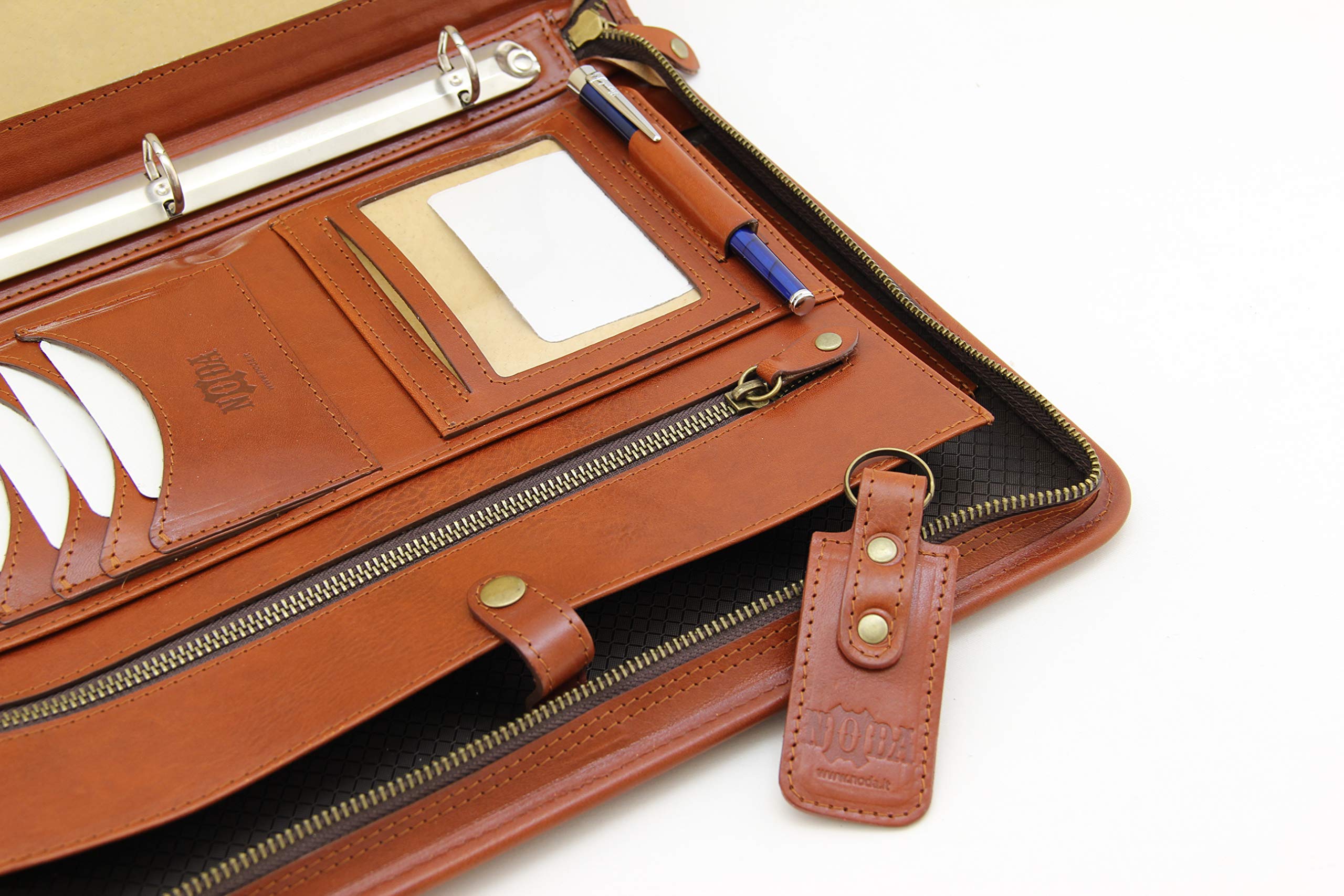 Noda Executive Leather Padfolio 3 raccoglitore ad anelli Professional Business portfolio W/chiusura con cerniera cognac