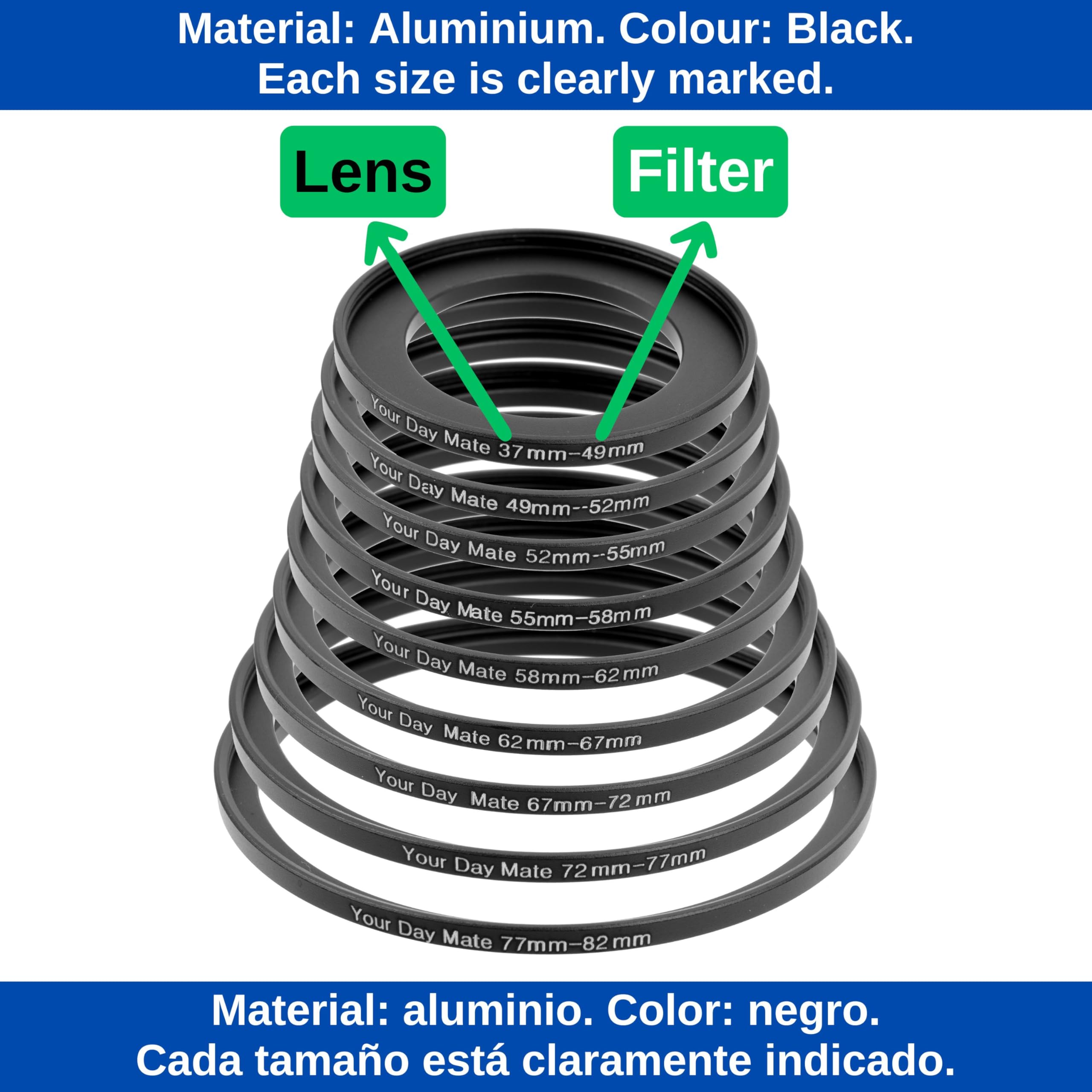 Step-Up Ring Aluminium 62-67mm Compatible Canon Sony Nikon Fujifilm
