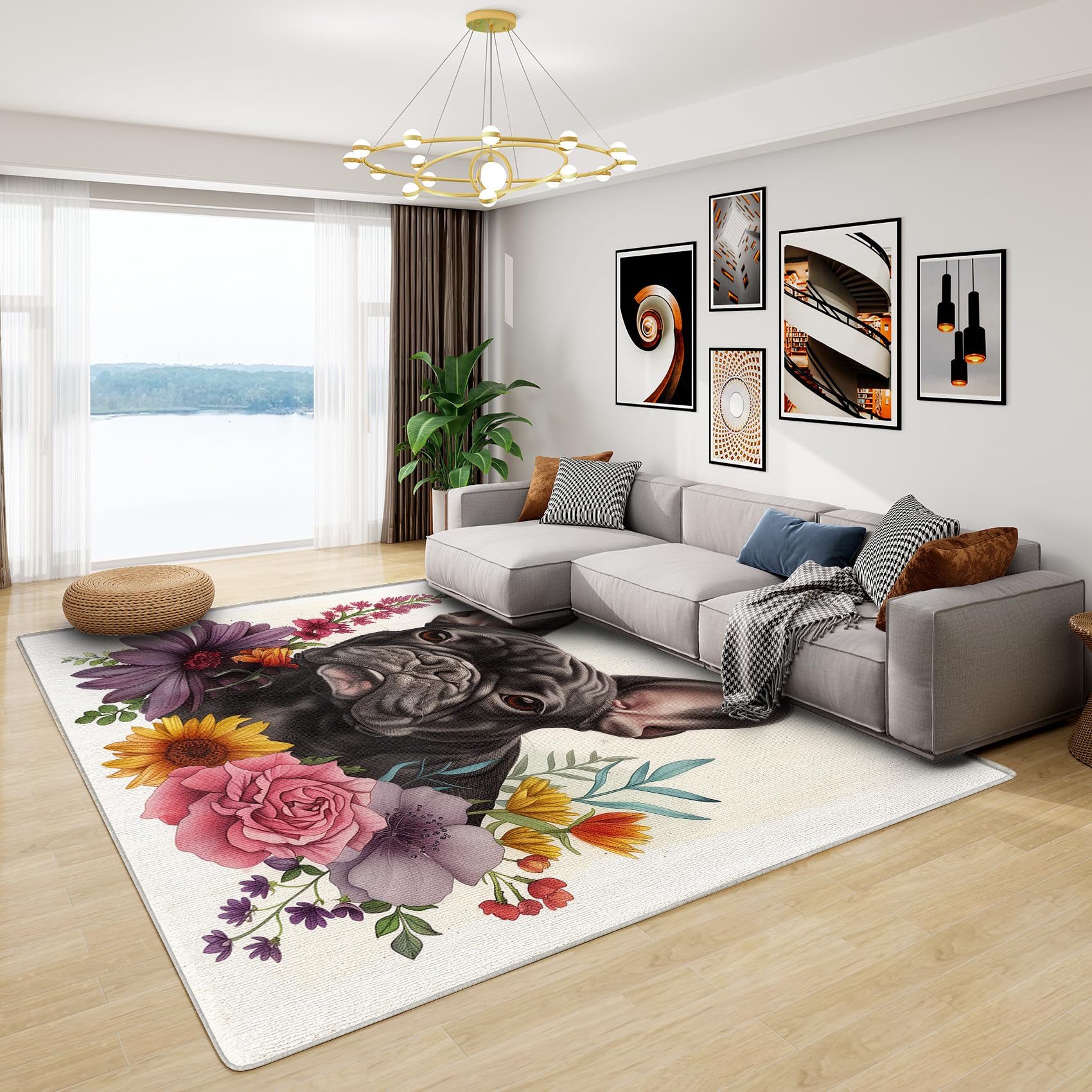 Phtbz French Bulldog Rug - Small French Bulldog Rug, 3x5 ft Washable Non-Slip Stain Resistant Dog and Floral Area Rug, Dog Lover Carpet for Entryway,