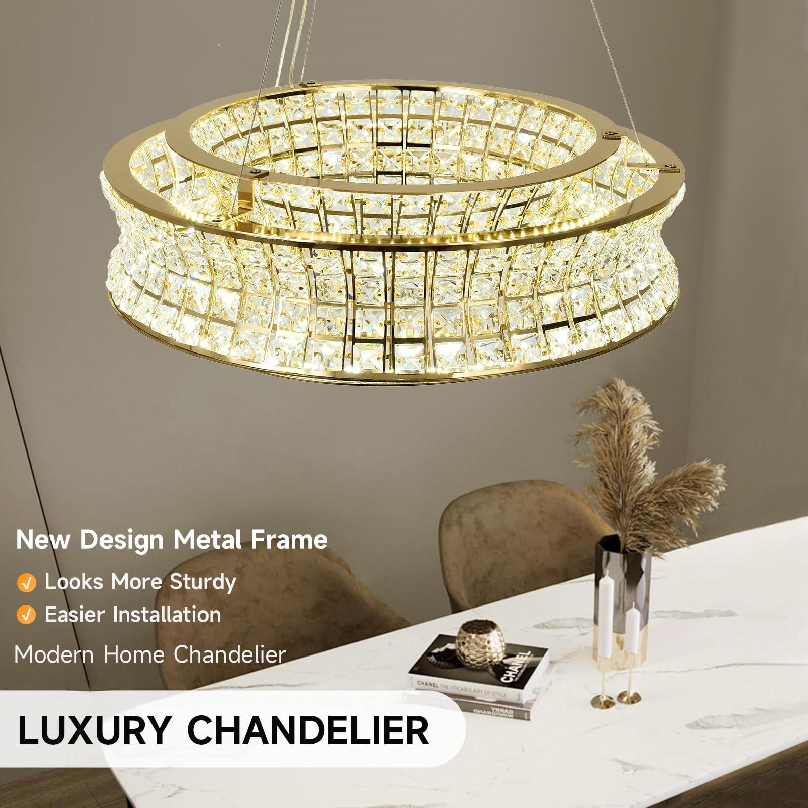 Lámpara de araña moderna de cristal dorado, lámparas colgantes redondas LED, lámparas de araña doradas ajustables para vestíbulos, salones y comedores, 50 cm