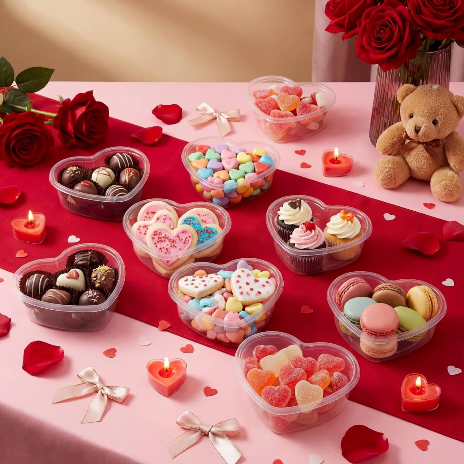 Yinkin 50 Pcs Heart Shaped Storage Containers 5 oz Heart Box Transparent Plastic Containers with Lids Organizer Box for Valentines Day DIY Art Craft Making