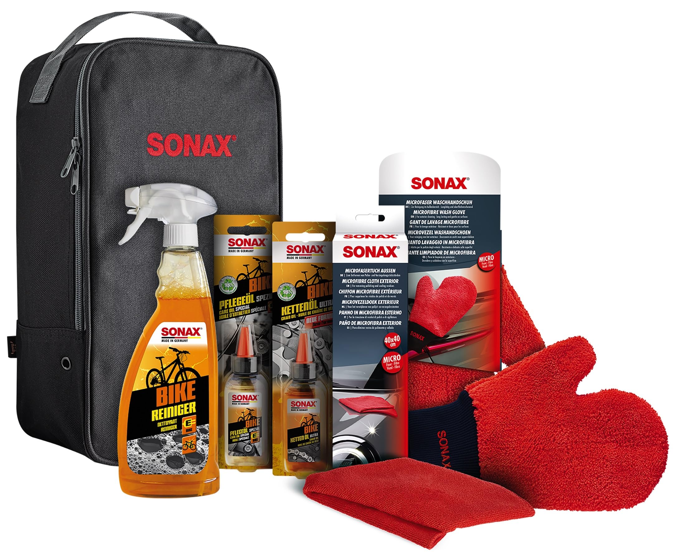 SONAX BIKE-Set mit Tasche, Fahrradreiniger Set zur Komplettreinigung eines jeden Fahrrads für einen sauberen Look im Sommer, Art-Nr. 07687000