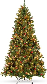 Best Choice Products 6ft Pre-Lit Pre-Decorated Spruce Hinged Artificial Christmas Tree w/ 798 Tips, Pinecones, Berries, 250 Lights, Metal Base