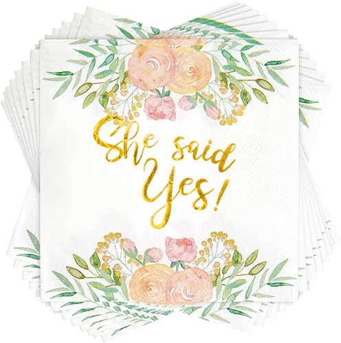 Sparkle and Bash Engagement Napkins for Party - 50-Pack, 5 x 5 In, 3-Ply, Gold Foil - She Said Yes Floral Design - Cocktail Napkins & Engagement Paper