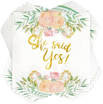 Sparkle and Bash Engagement Napkins for Party - 50-Pack, 5 x 5 In, 3-Ply, Gold Foil - She Said Yes Floral Design - Cocktail Napkins & Engagement Paper