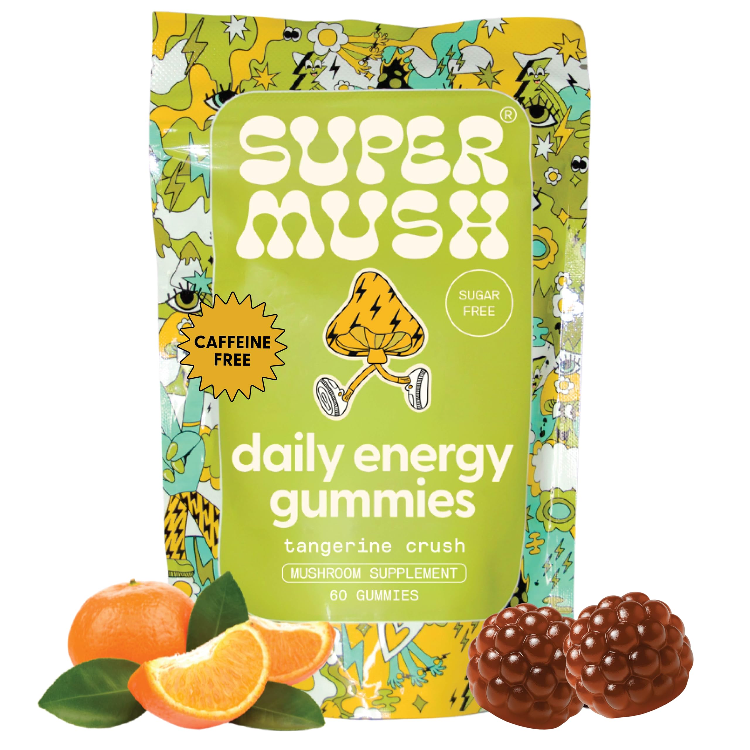 SuperMush Energy Mushroom Gummies - Organic Lions Mane Supplement with Cordyceps, Rhodiola, L-Theanine, Maca - Vegan & Sugar-Free - Energy, Focus, Stamina, Stress Reduction - 60 Gummies (30 Servings)