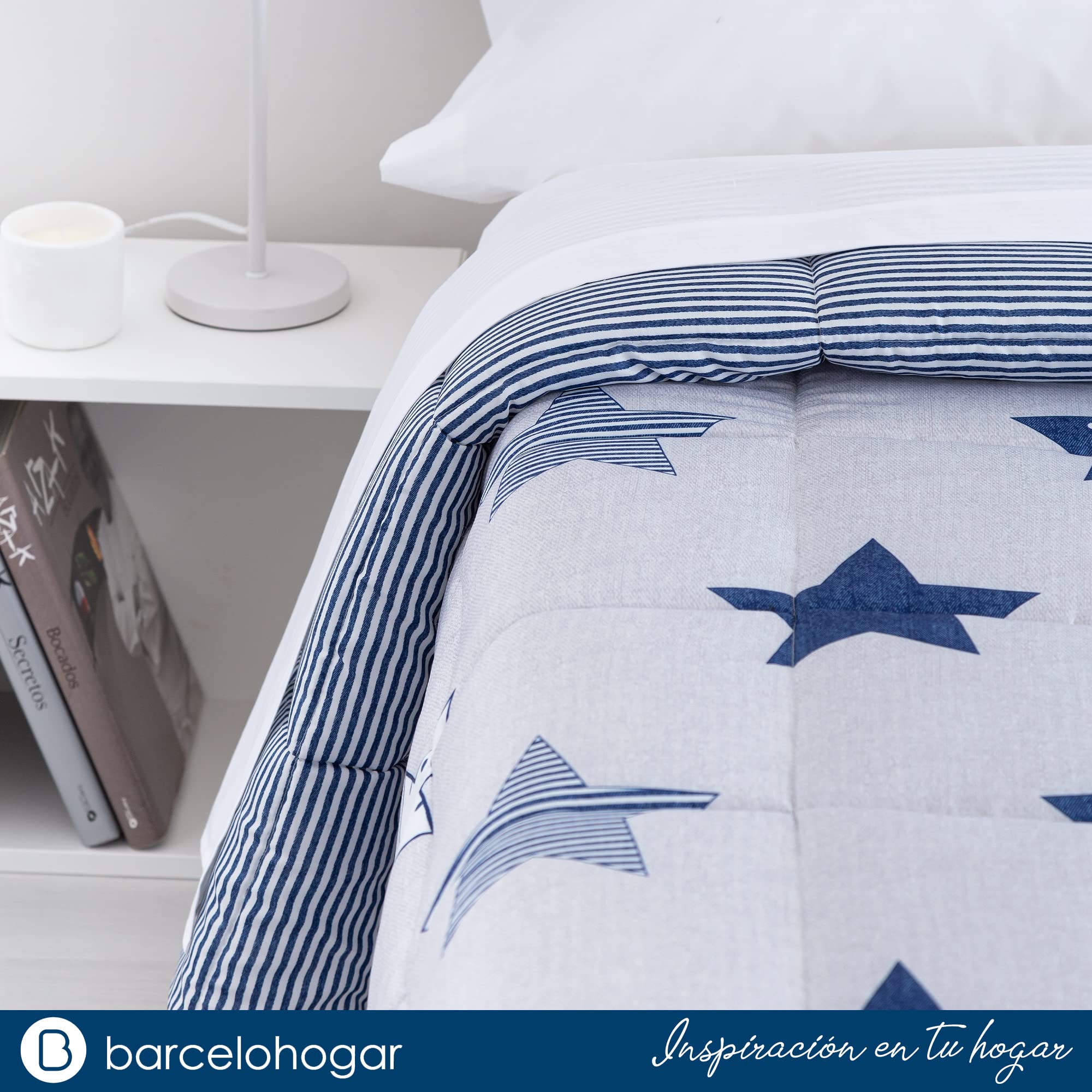 Barceló Hogar - Edredon Estampado Reversible Star, Color Único, Cama 105 cm, Medida 200x270 cm, Esquinas Redondas, Edredón Juvenil