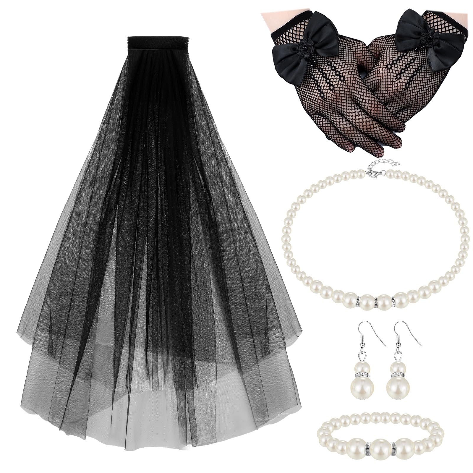 Bencailor 5pcs First Communion Costume Accessories Set Lace Gloves with Hair Comb Pearl Necklace Bracelet Earrings